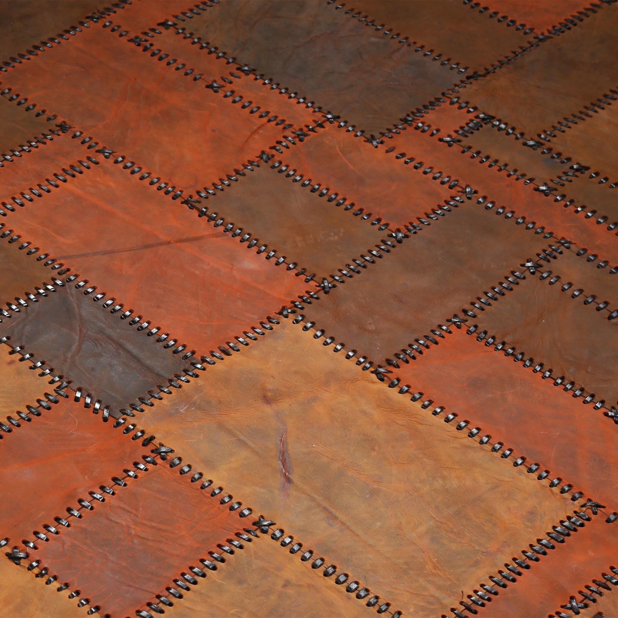 Round Patchwork Cowhide Rug, Handmade Brown Leather Carpet