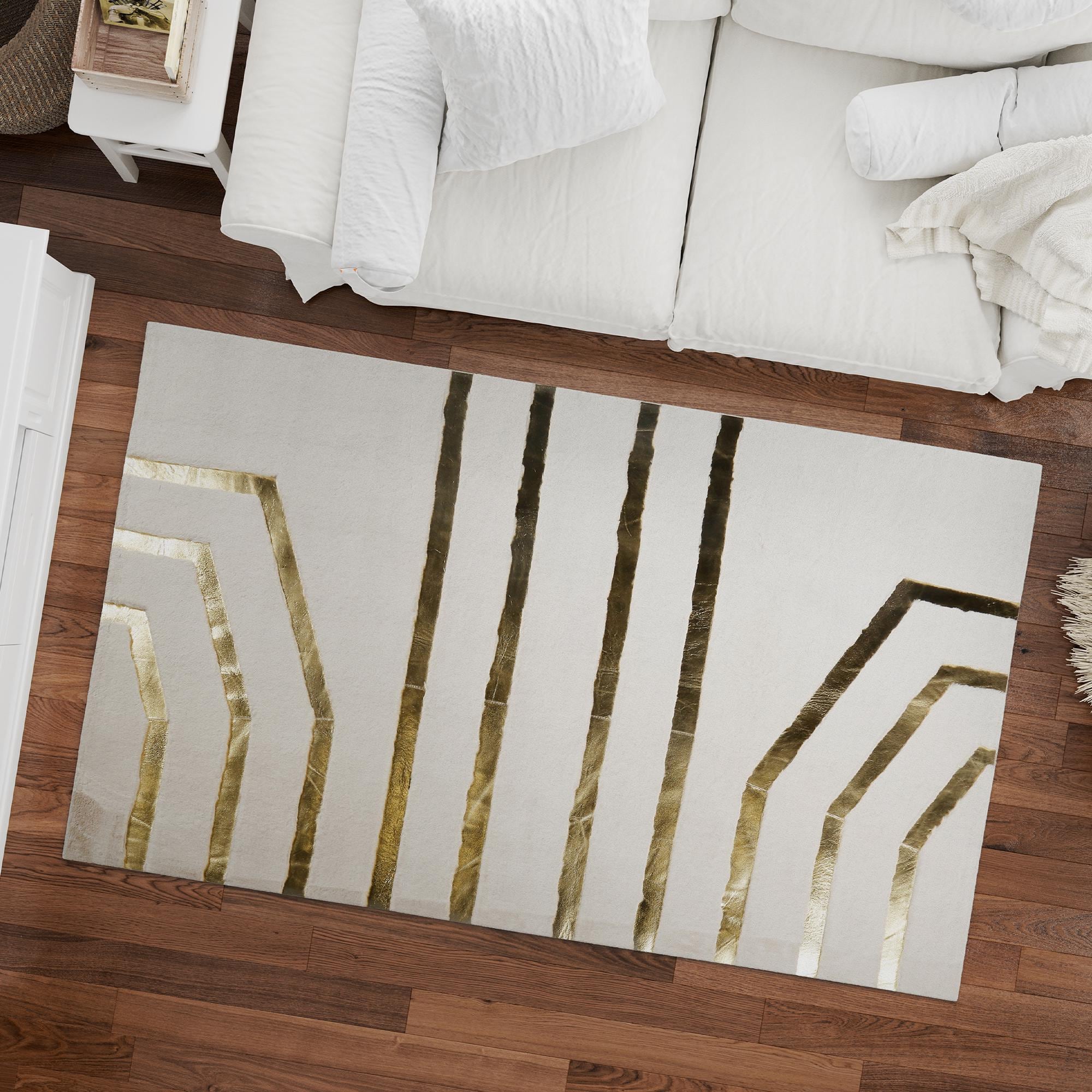 Geometric Gold Detailed White Fur Plush Rug