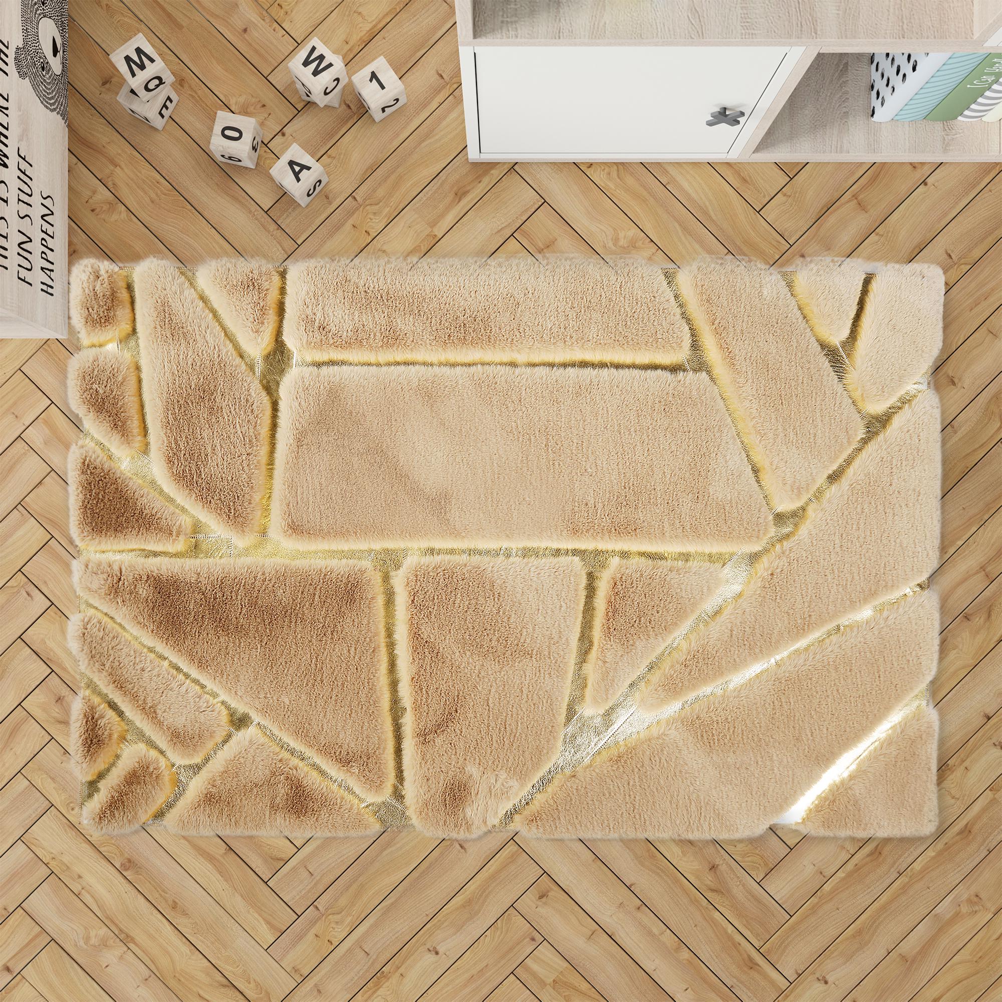 Gold Fluffy Plush Rug, Handmade Living Room Carpet