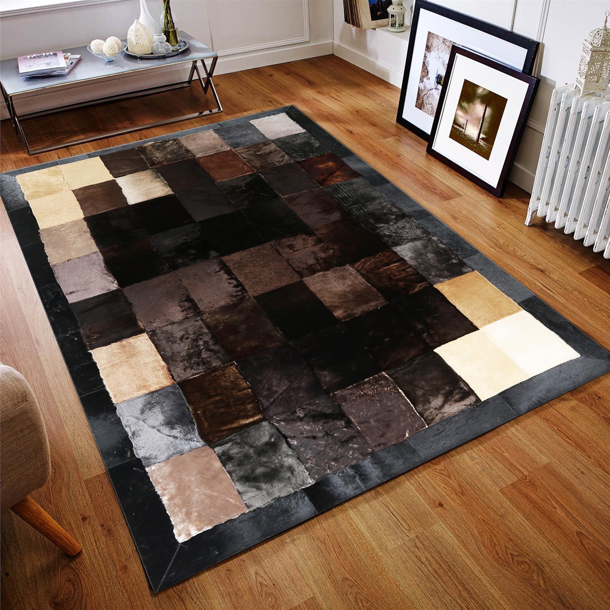 Dark Brown Cowhide Patchwork Rug, Handmade Genuine Leather Area Carpet, Natural Cowhide Rug