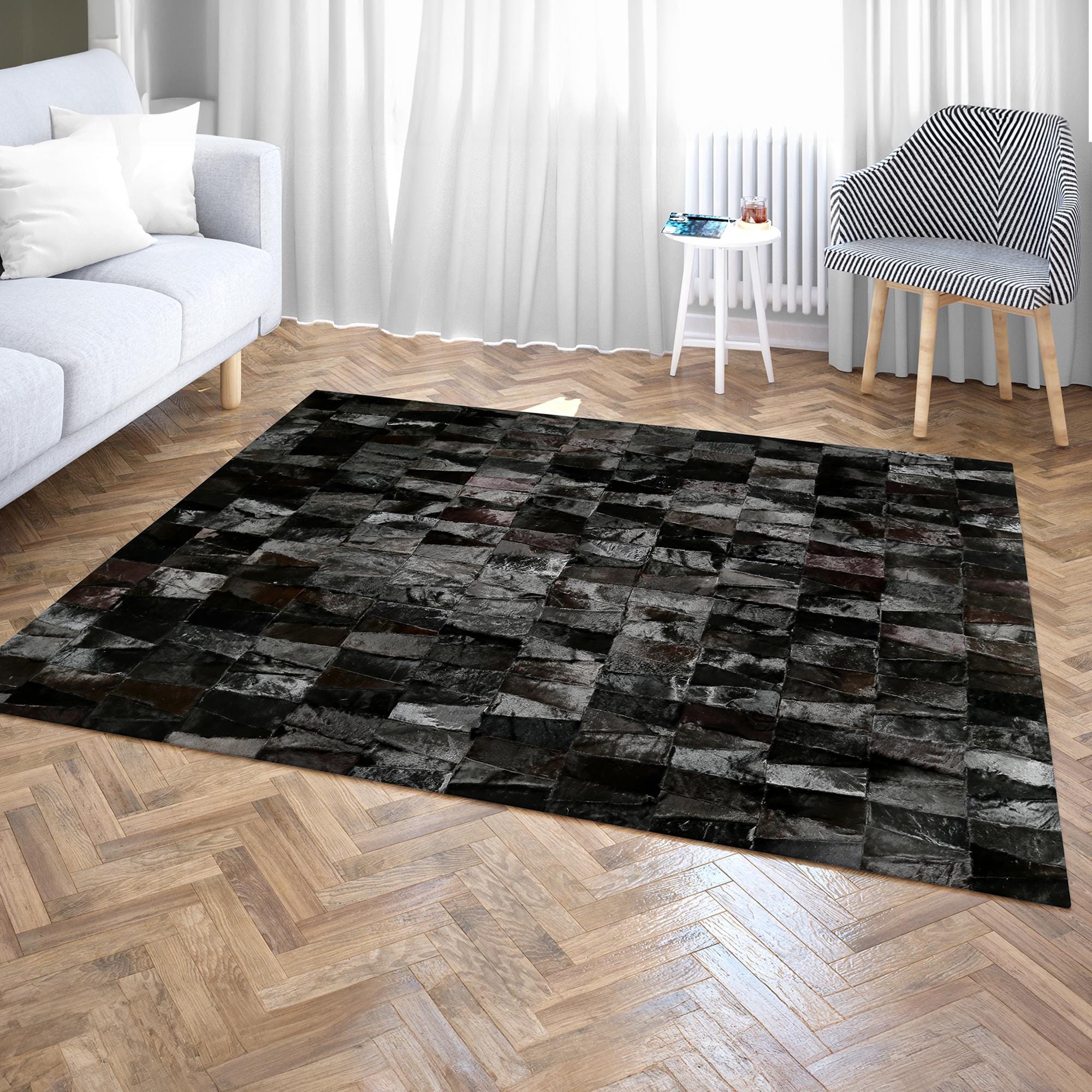 Black Sealskin Patchwork Rug – Handmade Luxury Modern Area Carpet, Custom Size Area Carpet