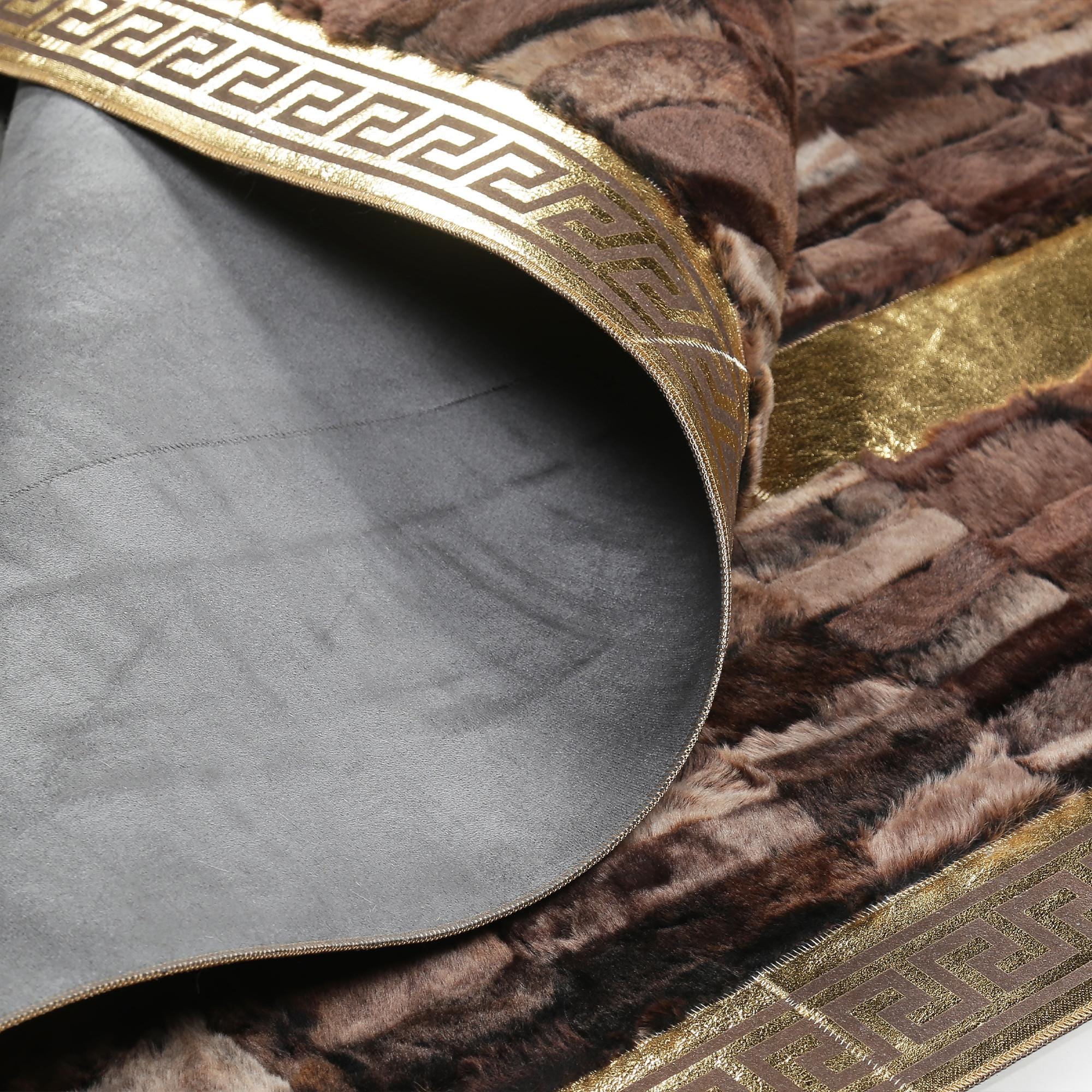 Brown Tuscan Leather Rug – Handmade Luxury Tuscan Carpet with Gold Border, Custom Size Genuine Leather Area Rug for Living Room