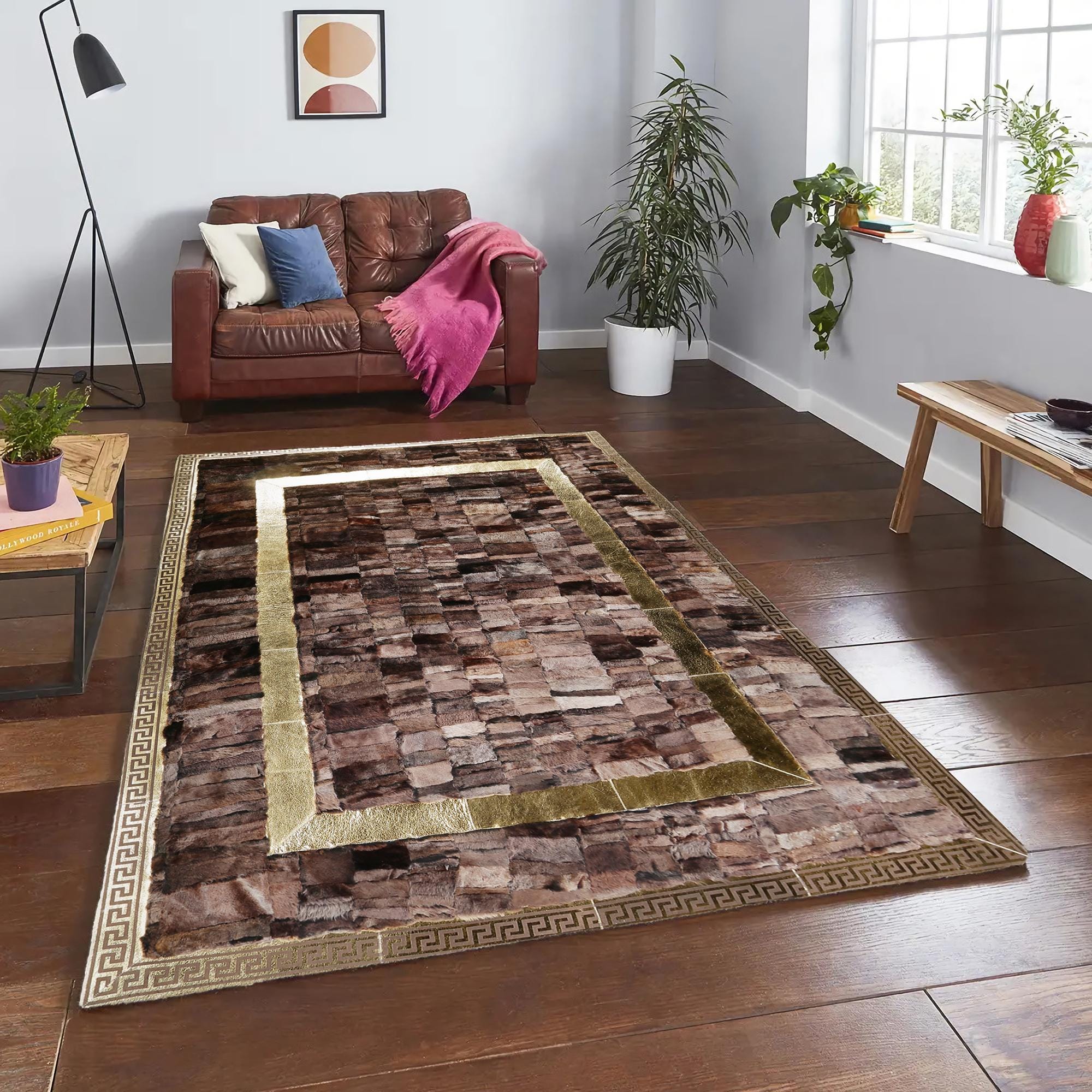 Brown Tuscan Leather Rug – Handmade Luxury Tuscan Carpet with Gold Border, Custom Size Genuine Leather Area Rug for Living Room