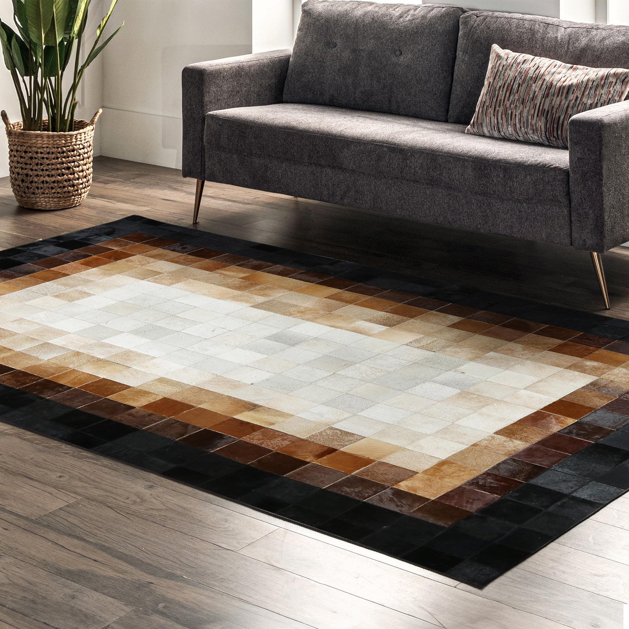 Brown Beige and Black Border Cowhide Patchwork Rug, Handmade Genuine Leather Area Carpet