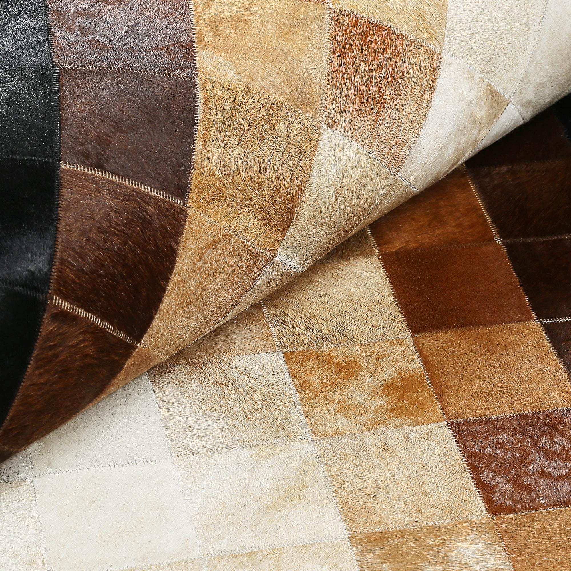 Brown Beige and Black Border Cowhide Patchwork Rug, Handmade Genuine Leather Area Carpet
