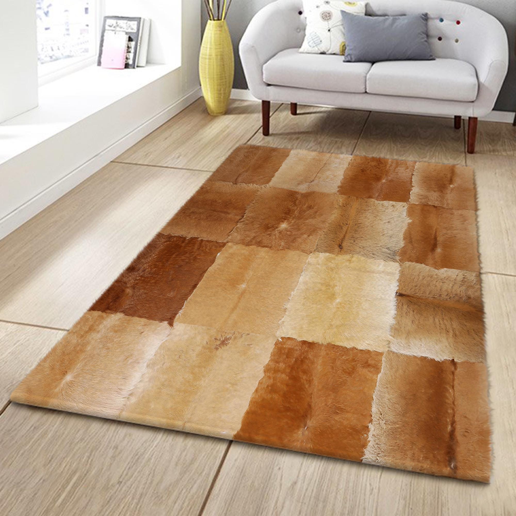 Light Brown Cowhide Patchwork Rug, Handmade Genuine Leather Area Carpet