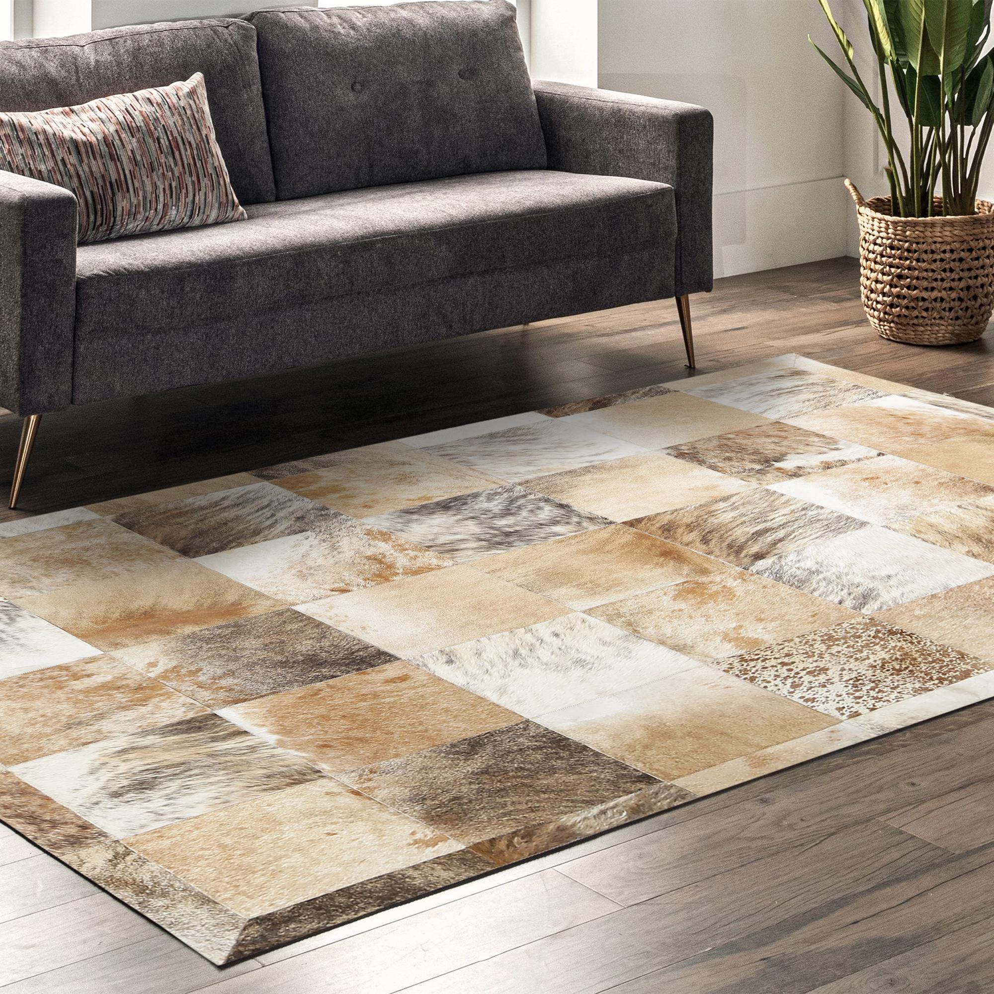 Beige Cowhide Patchwork Rug, Handmade Genuine Leather Carpet, Natural Brown and Cream Cowhide Area Rug for Living Room Decor