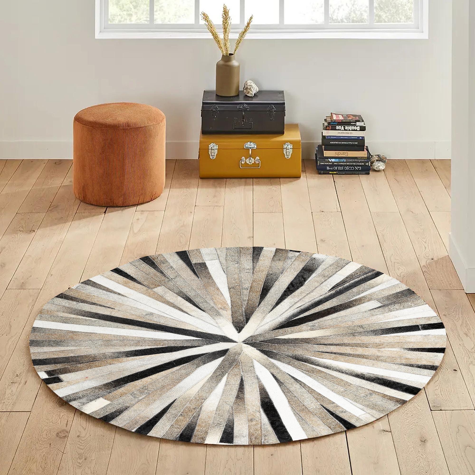 Round Starburst Cowhide Rug – Handmade Patchwork Leather Area Rug, Sunburst Design Round Cowhide Carpet, Modern Farmhouse Decor