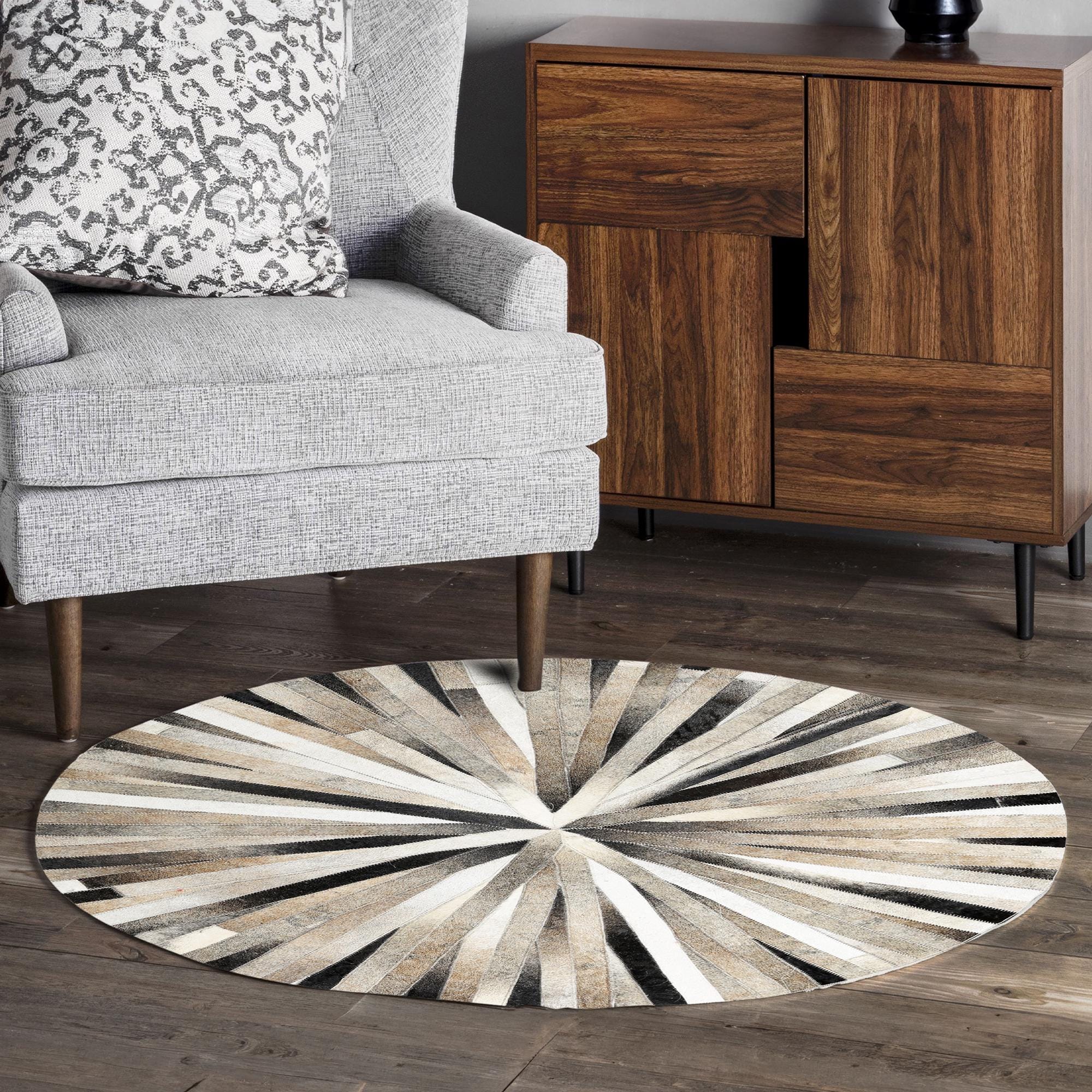 Round Starburst Cowhide Rug – Handmade Patchwork Leather Area Rug, Sunburst Design Round Cowhide Carpet, Modern Farmhouse Decor