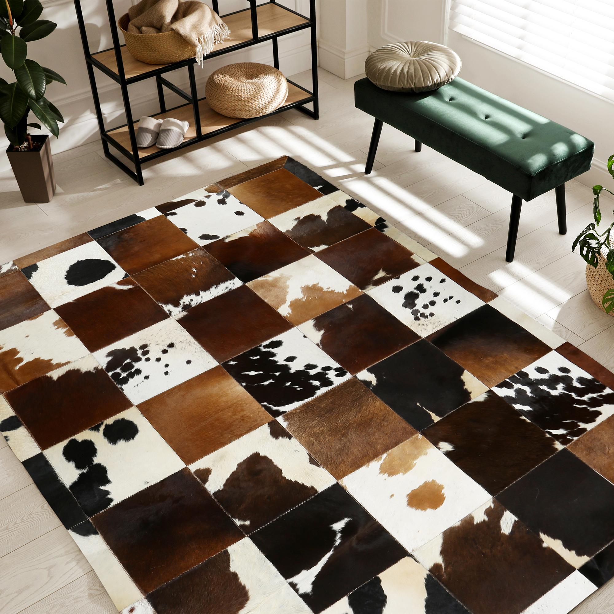 Brown & Cream Natural Cowhide Rug, Luxury Living Room Carpet