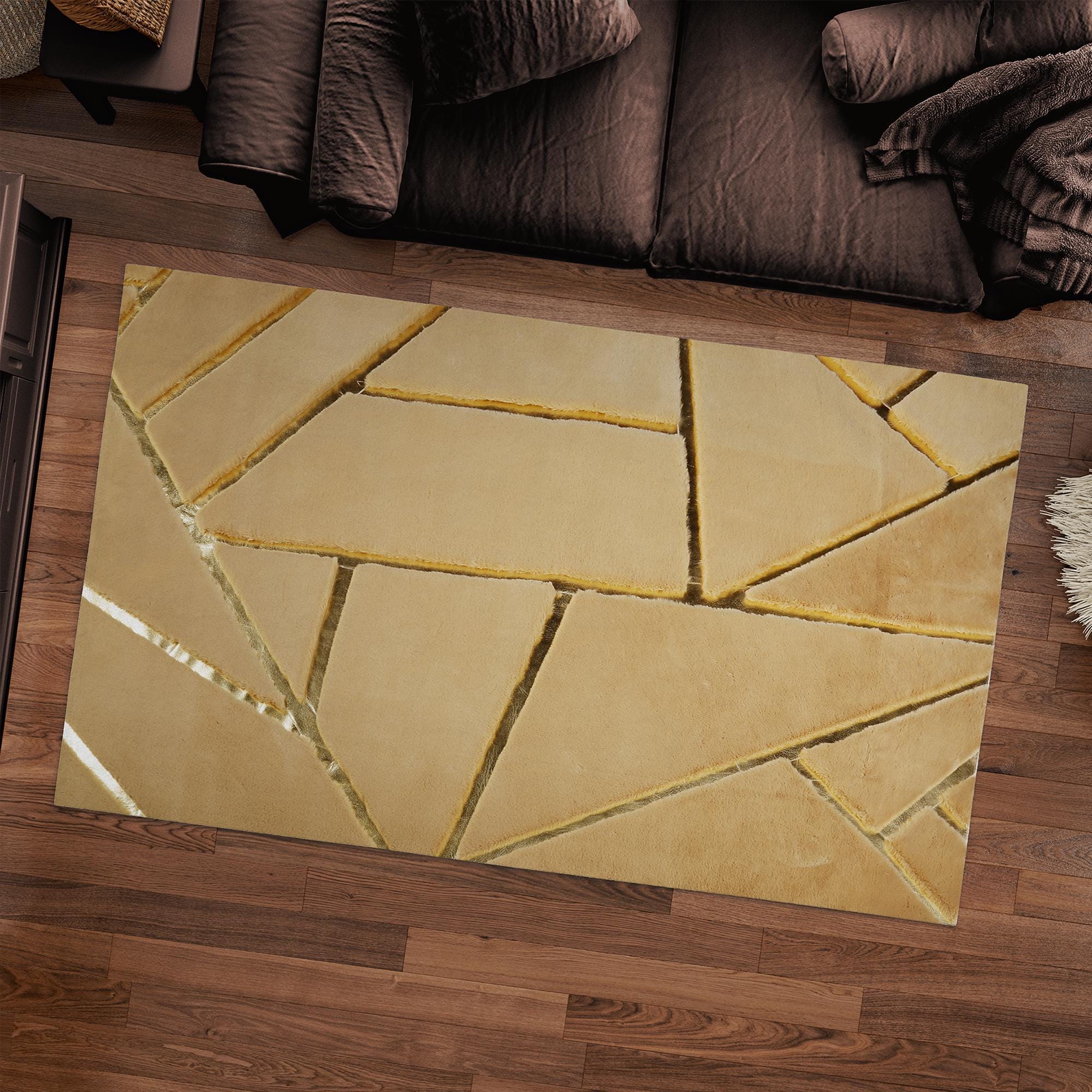 Brown Fur Plush Rug with Gold Stripes
