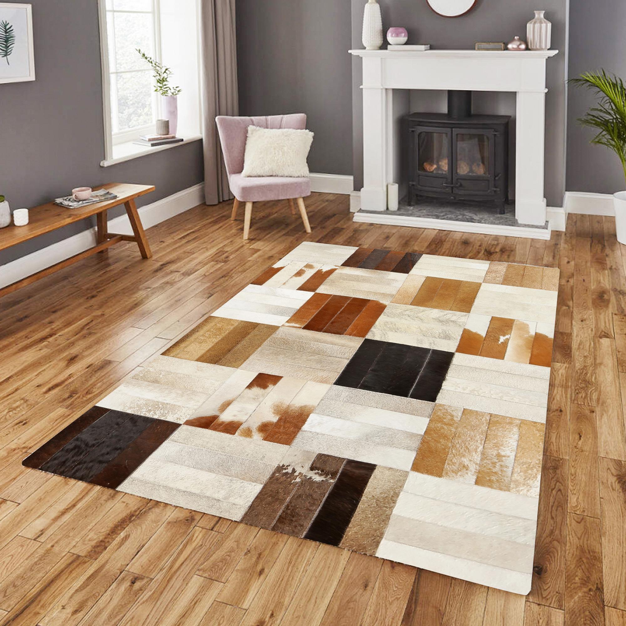 Genuine Cowhide Brown & Cream Patchwork Rug, Large Living Room Carpet