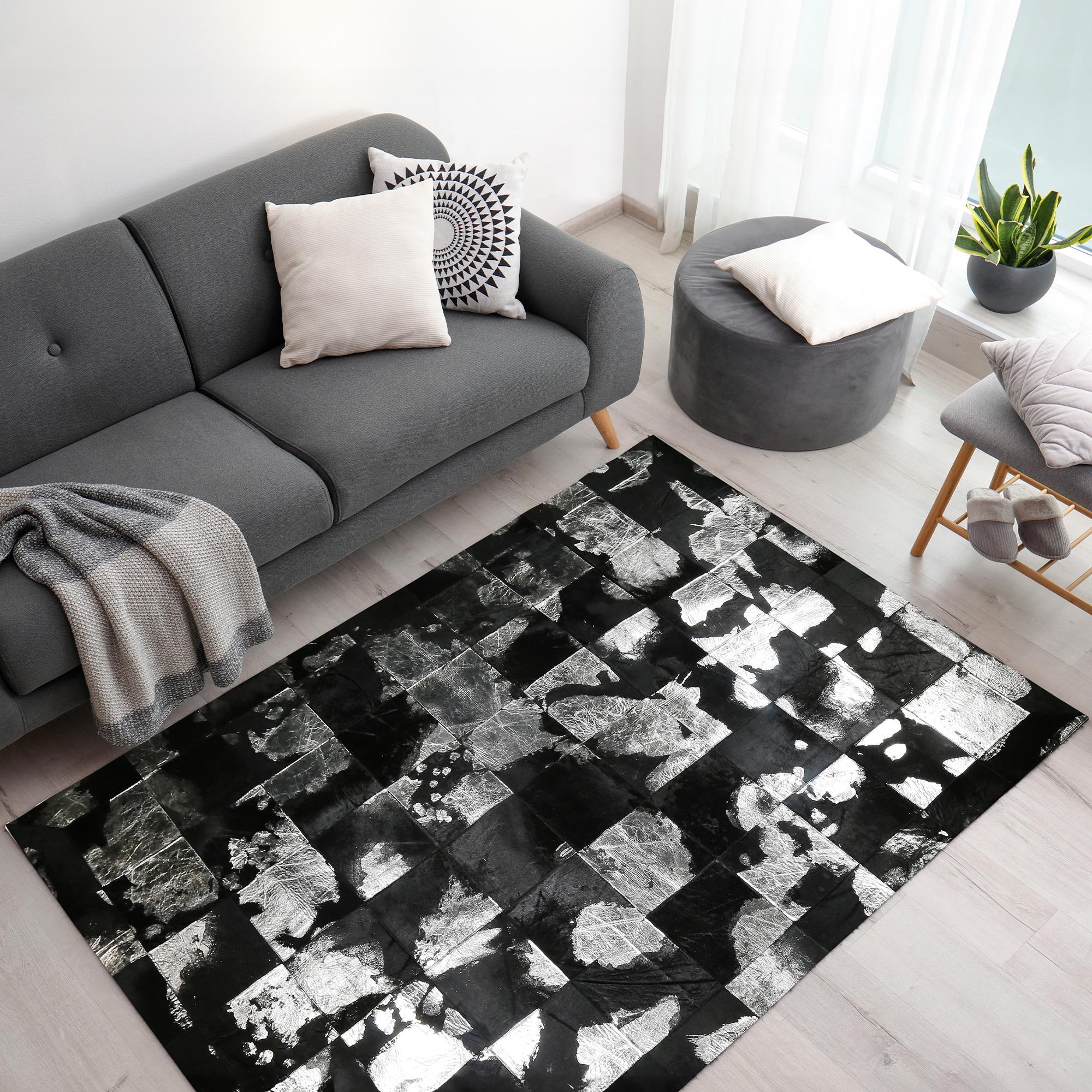Black Cowhide & Silver Leaf Patchwork Rug, Luxury Living Room Area Rug
