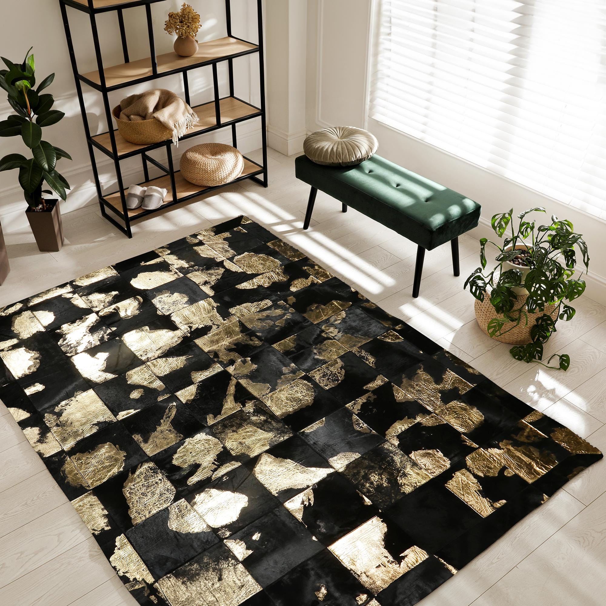 Black & Gold Cowhide Patchwork Rug
