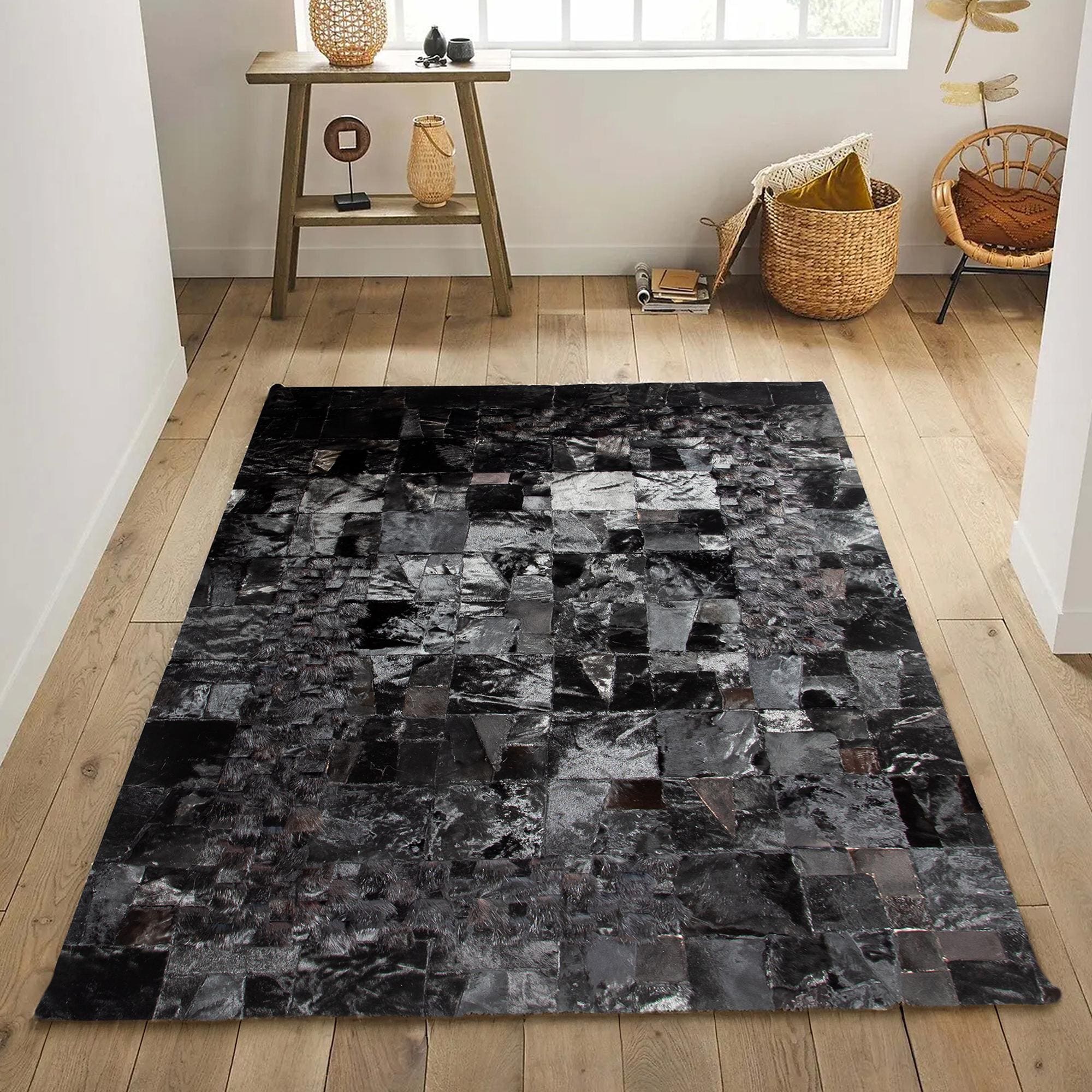 Black Sealskin Rug – Handmade Patchwork Luxury Area Carpet, Custom Size