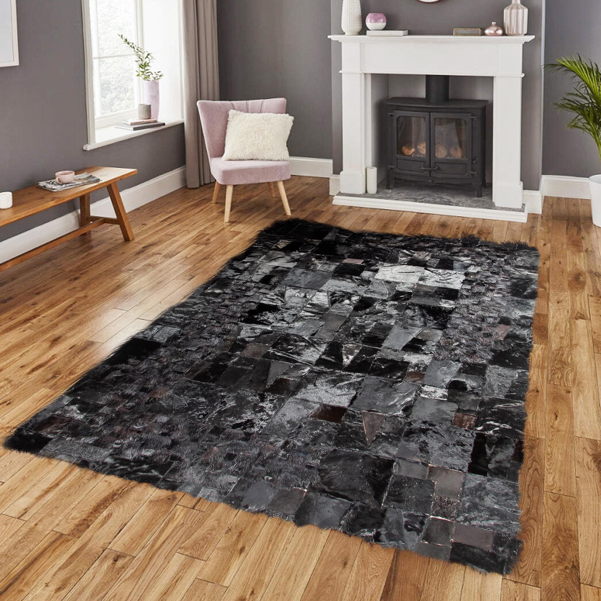 Black Sealskin Rug – Handmade Patchwork Luxury Area Carpet, Custom Size