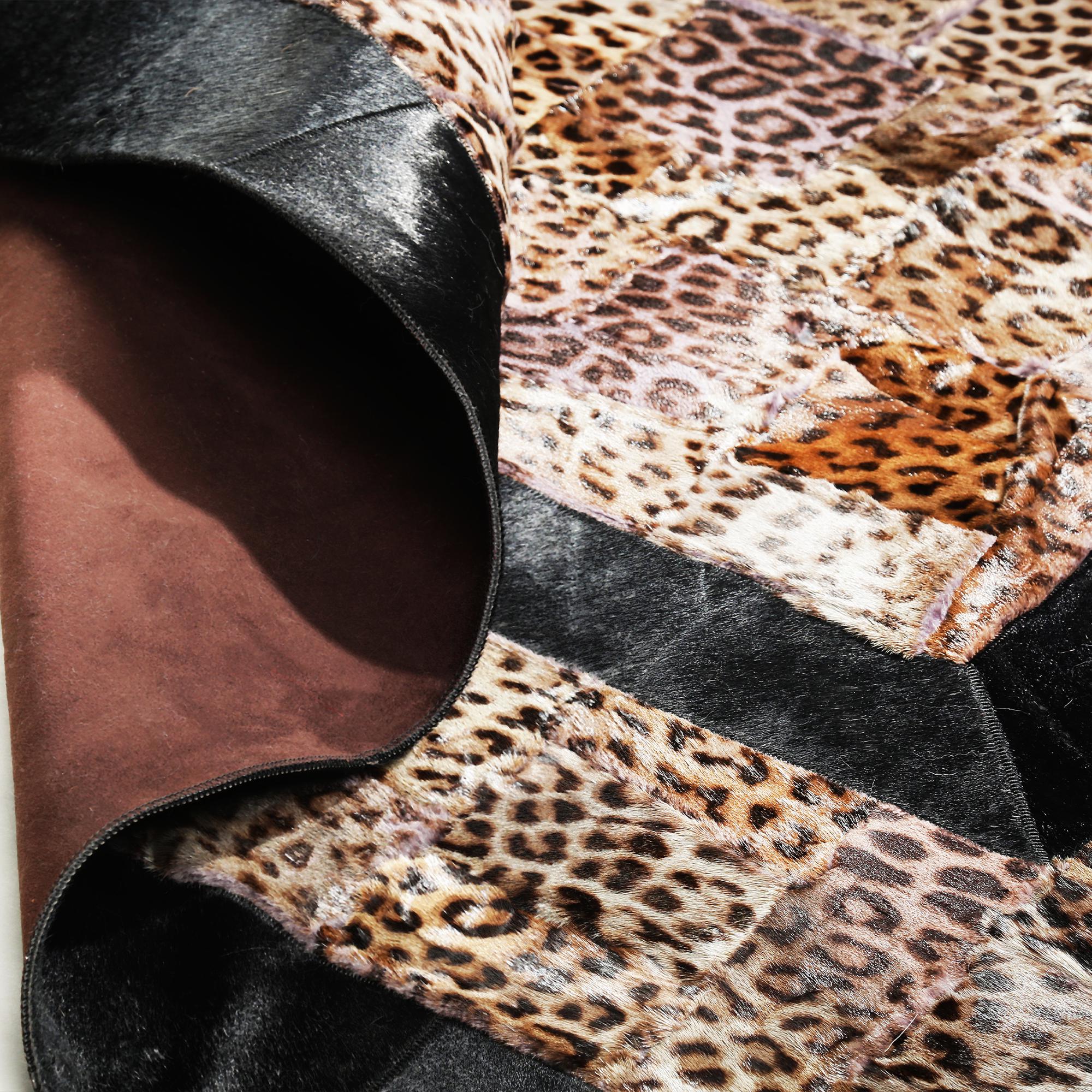 Luxury Cowhide Patchwork Rug – Leopard Print Leather Carpet with Bold Black Border, Custom Size