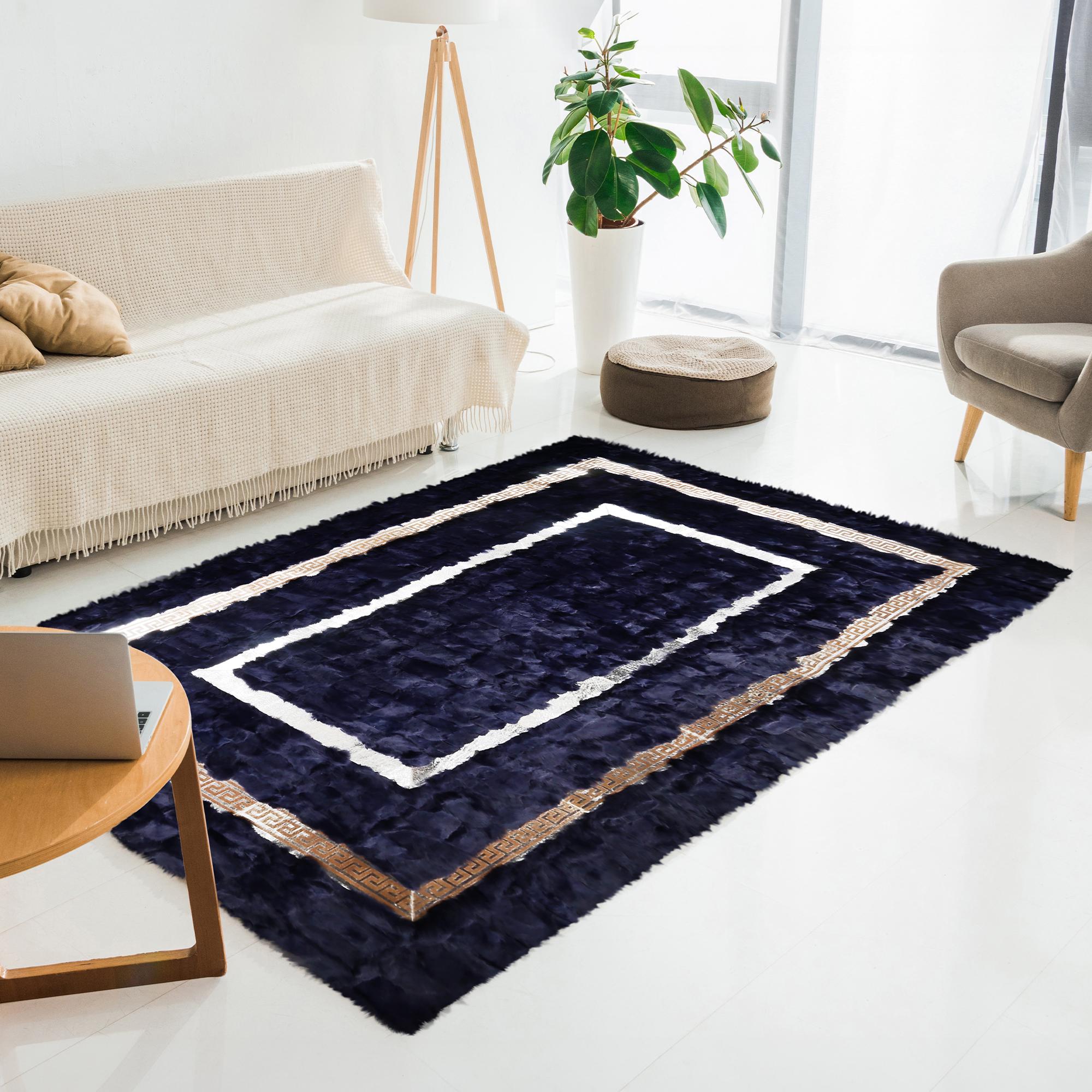 Navy Blue Tuscan Rectangular Rug with White and Bronze Border – Handmade Genuine Tuscan Fur Carpet, Luxury Custom Size Living Room Rug