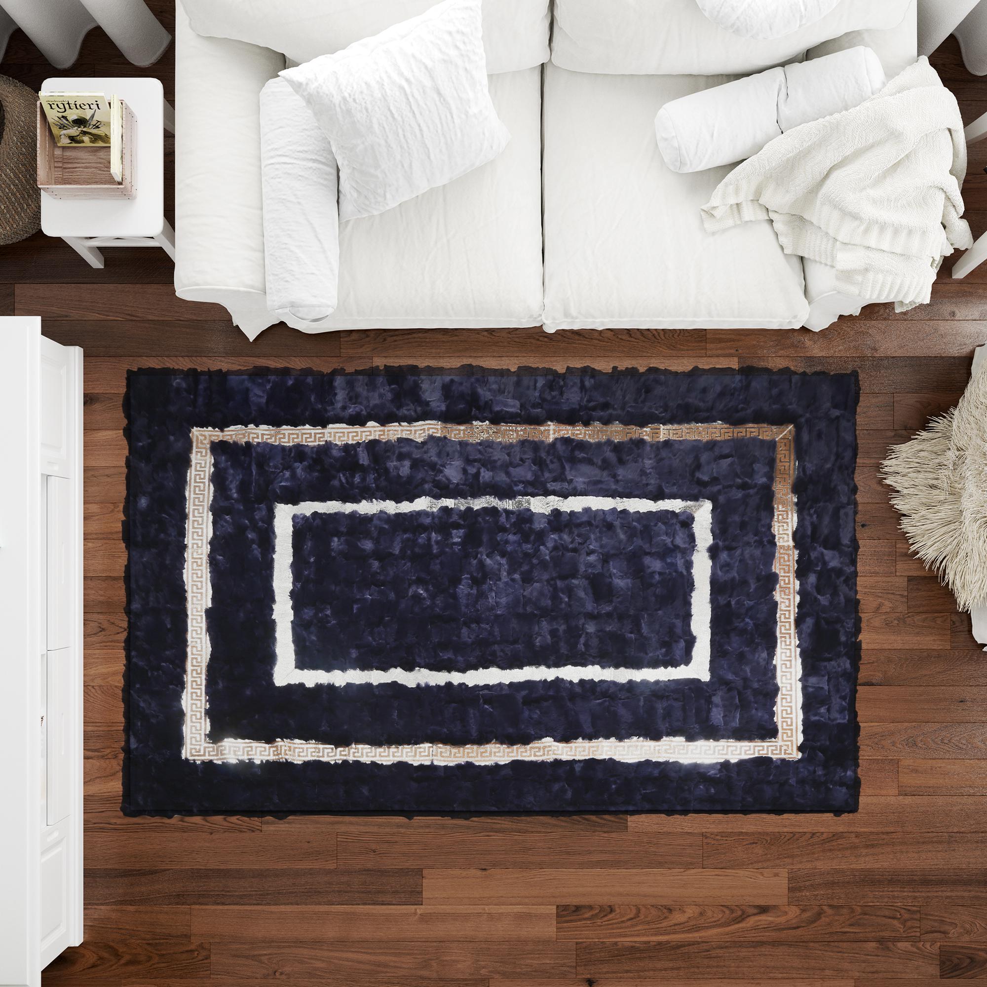 Navy Blue Tuscan Rectangular Rug with White and Bronze Border – Handmade Genuine Tuscan Fur Carpet, Luxury Custom Size Living Room Rug