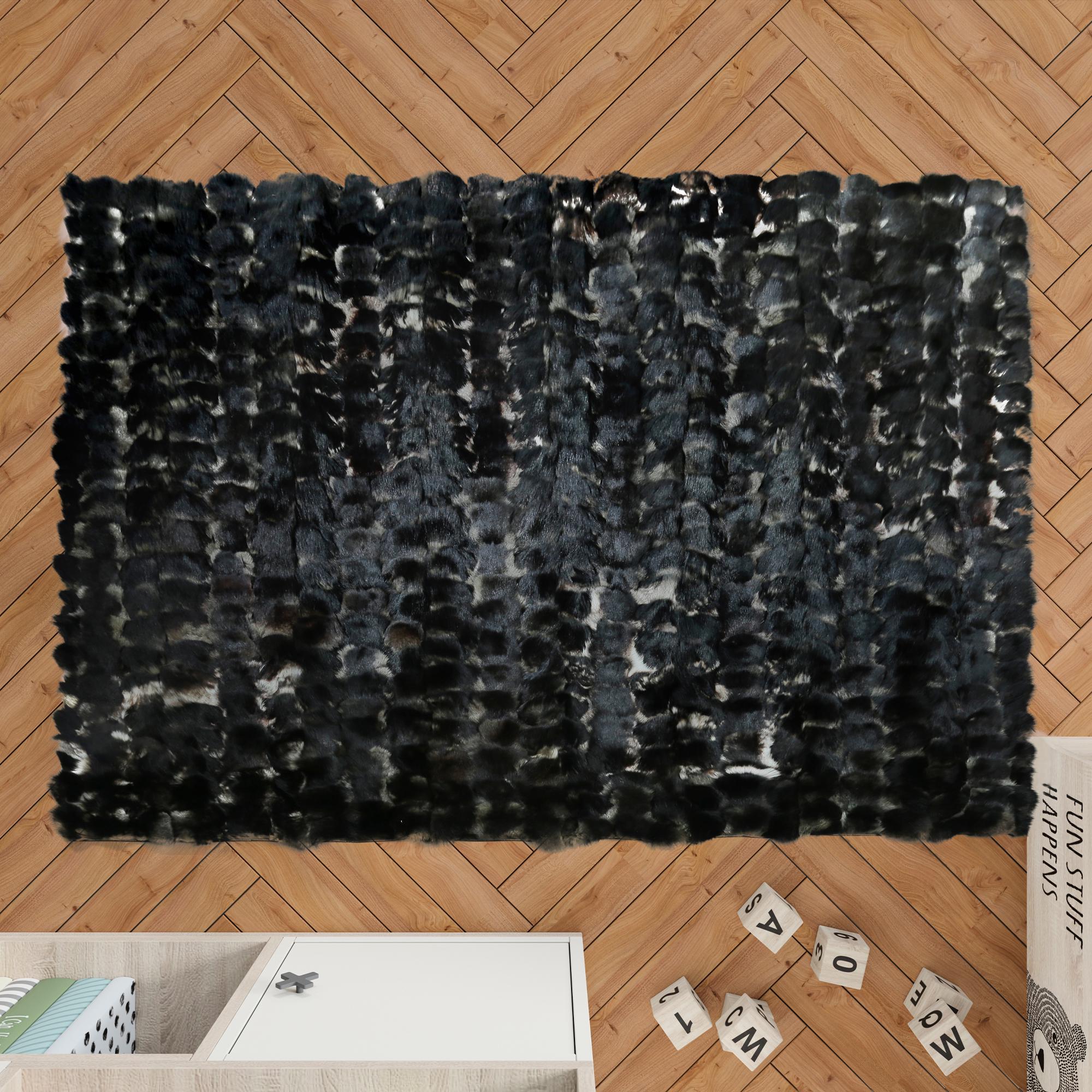 Black Fox Fur Patchwork Rug – Handmade Natural Fur Area Rug, Luxury Soft Carpet for Living Room, Bedroom, Custom Size Modern Home Decor