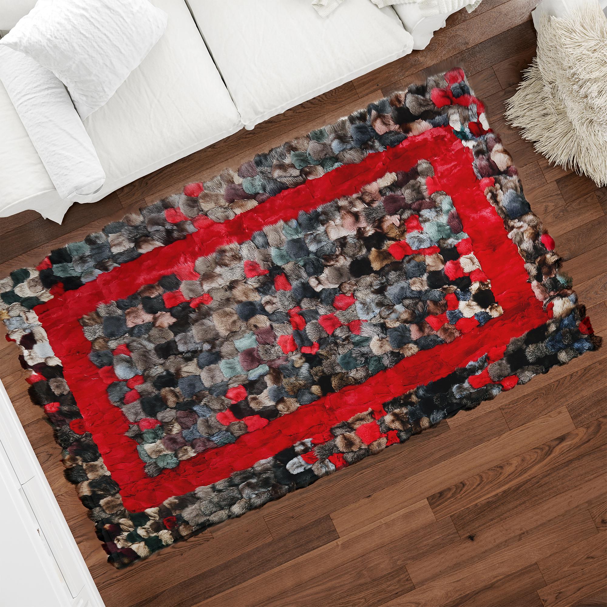 Genuine Multicolor Fox Fur Rug with Red Frame, Living Room Carpet