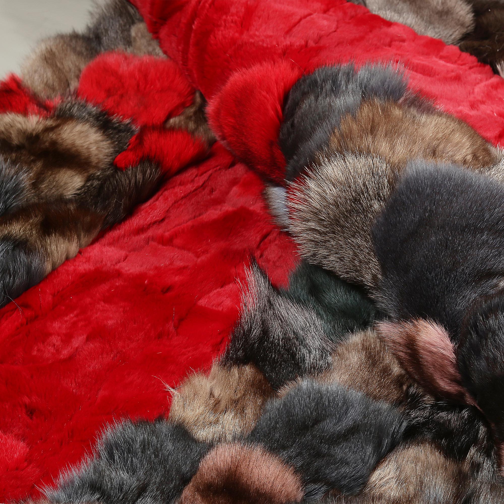 Genuine Multicolor Fox Fur Rug with Red Frame, Living Room Carpet