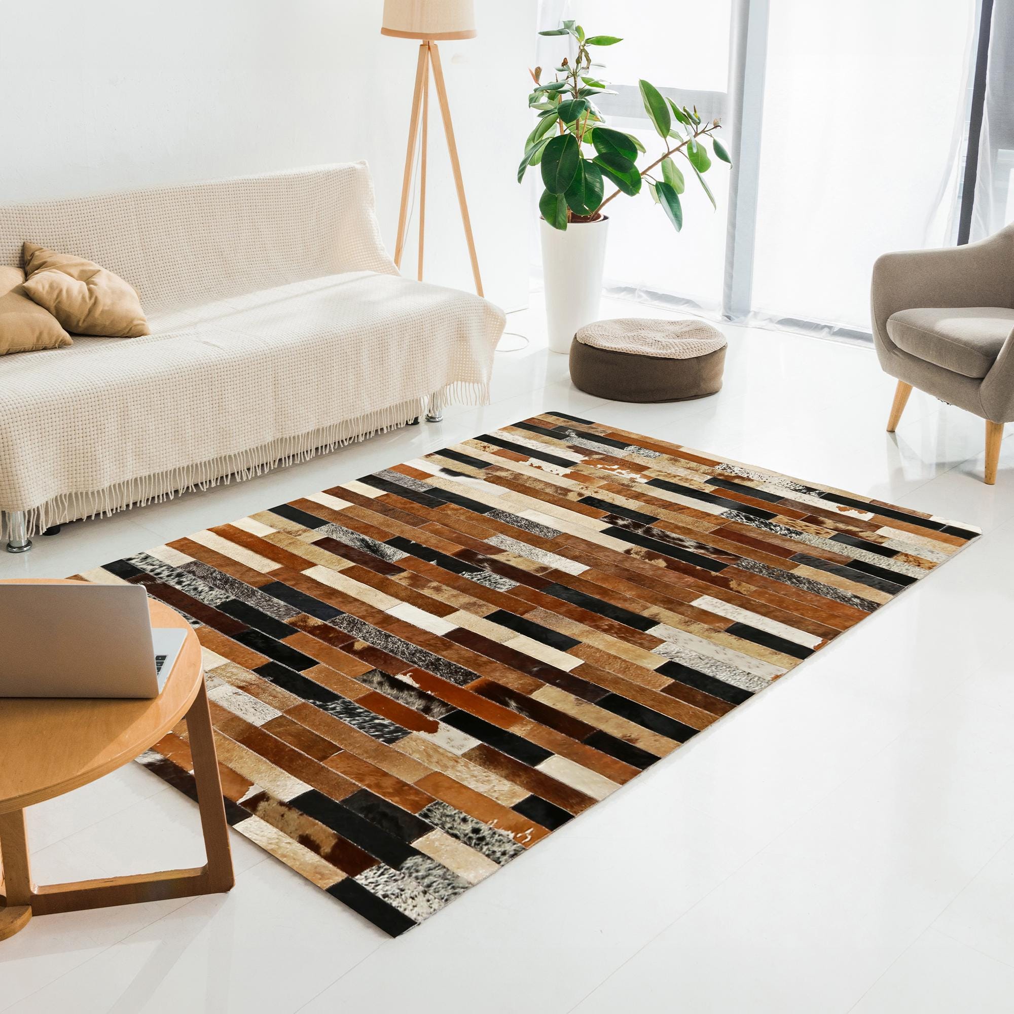 Brown Brick Pattern Patchwork Cowhide Rug, Handmade Living Room Carpet