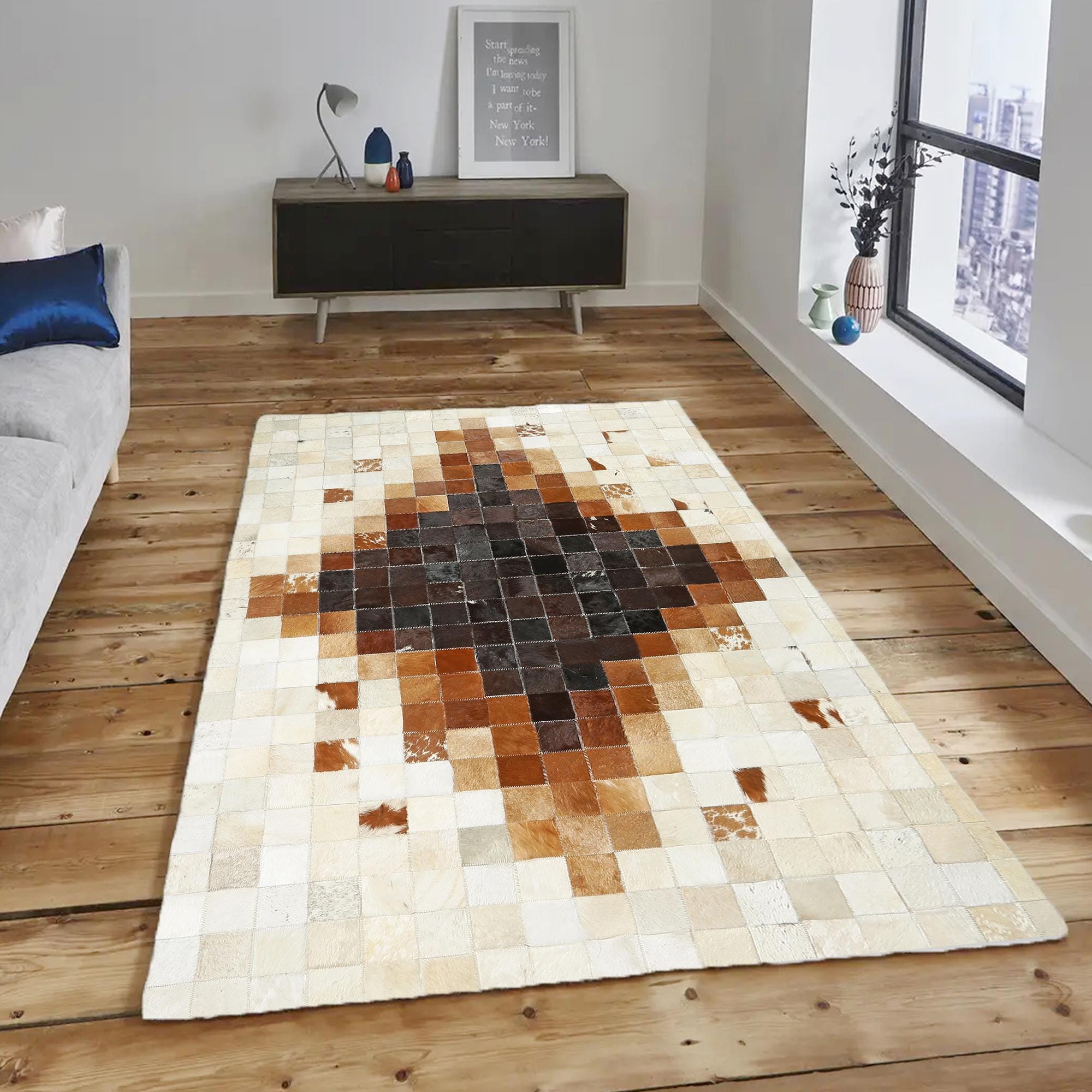 Brown & Cream Ombre Diamond Pattern Cowhide Patchwork Rug