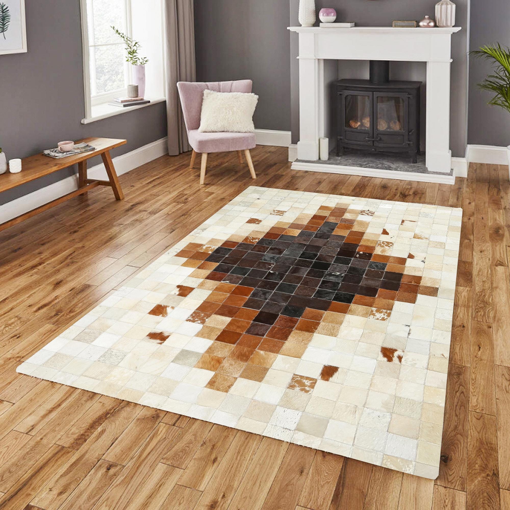 Brown & Cream Ombre Diamond Pattern Cowhide Patchwork Rug