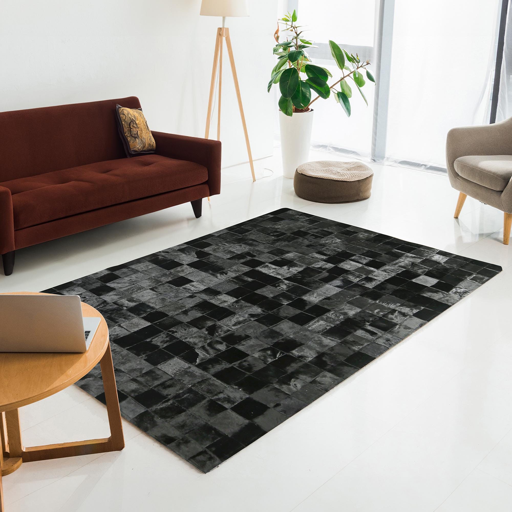 Bright Black Square Cowhide Patchwork Rug