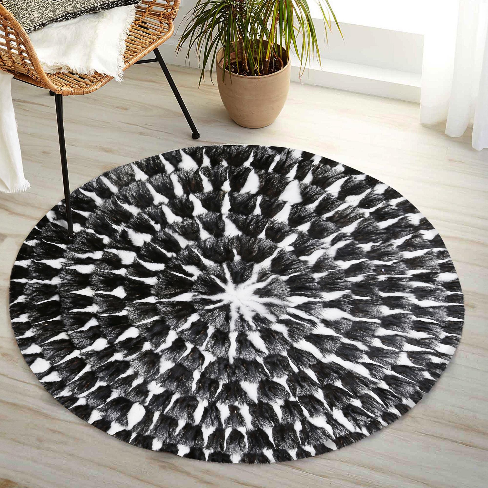 Round Black and White Fox Fur Rug, Handmade Natural Fur Circle Carpet, Luxury Fluffy Area Rug, Custom Size Real Fox Rug