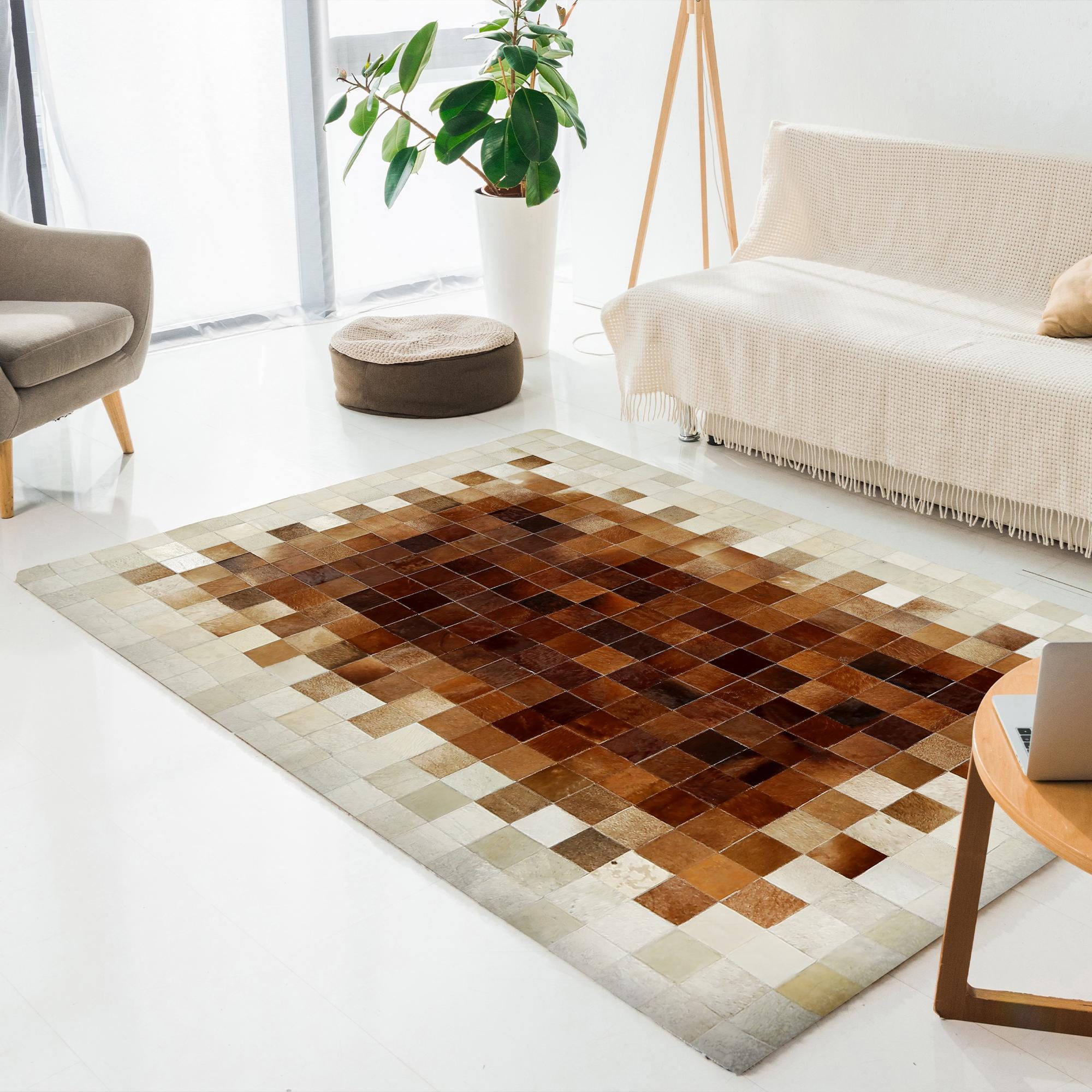 Beige & Brown Ombre Patchwork Calfskin Rug