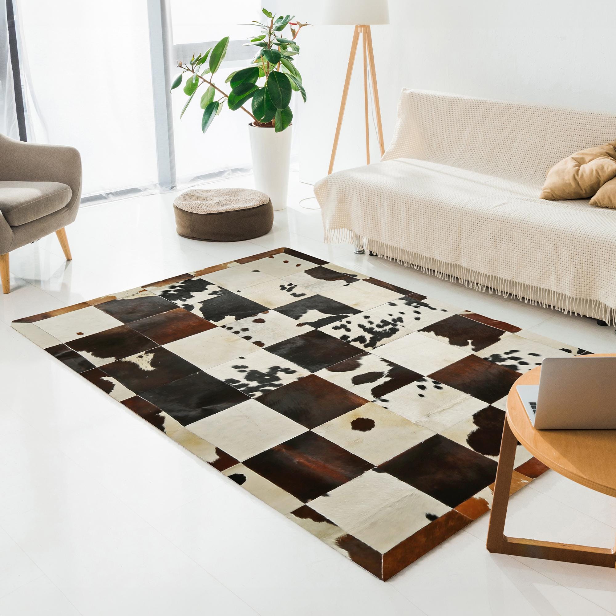 Brown & White Cowhide Patchwork Rug