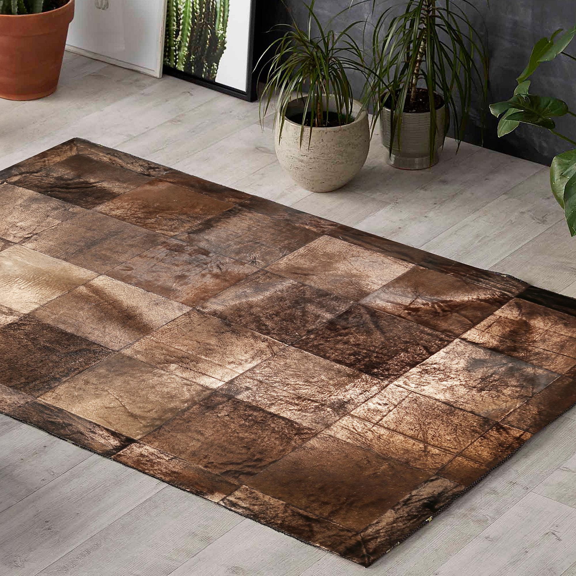 Bright Brown Bronze Leaf Cowhide Patchwork Rug, Luxury Living Room Carpet