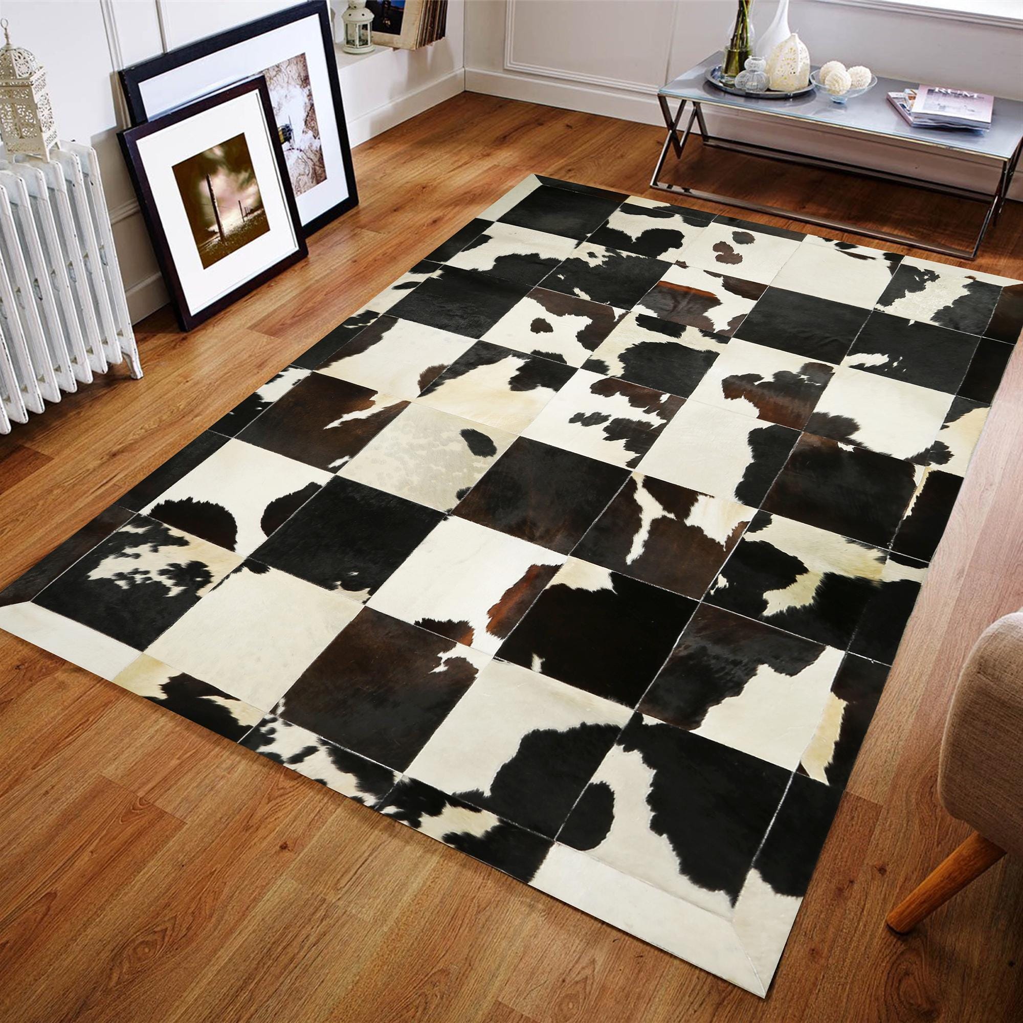 Tricolor Natural Cow Print Rug, Handmade Leather Carpet