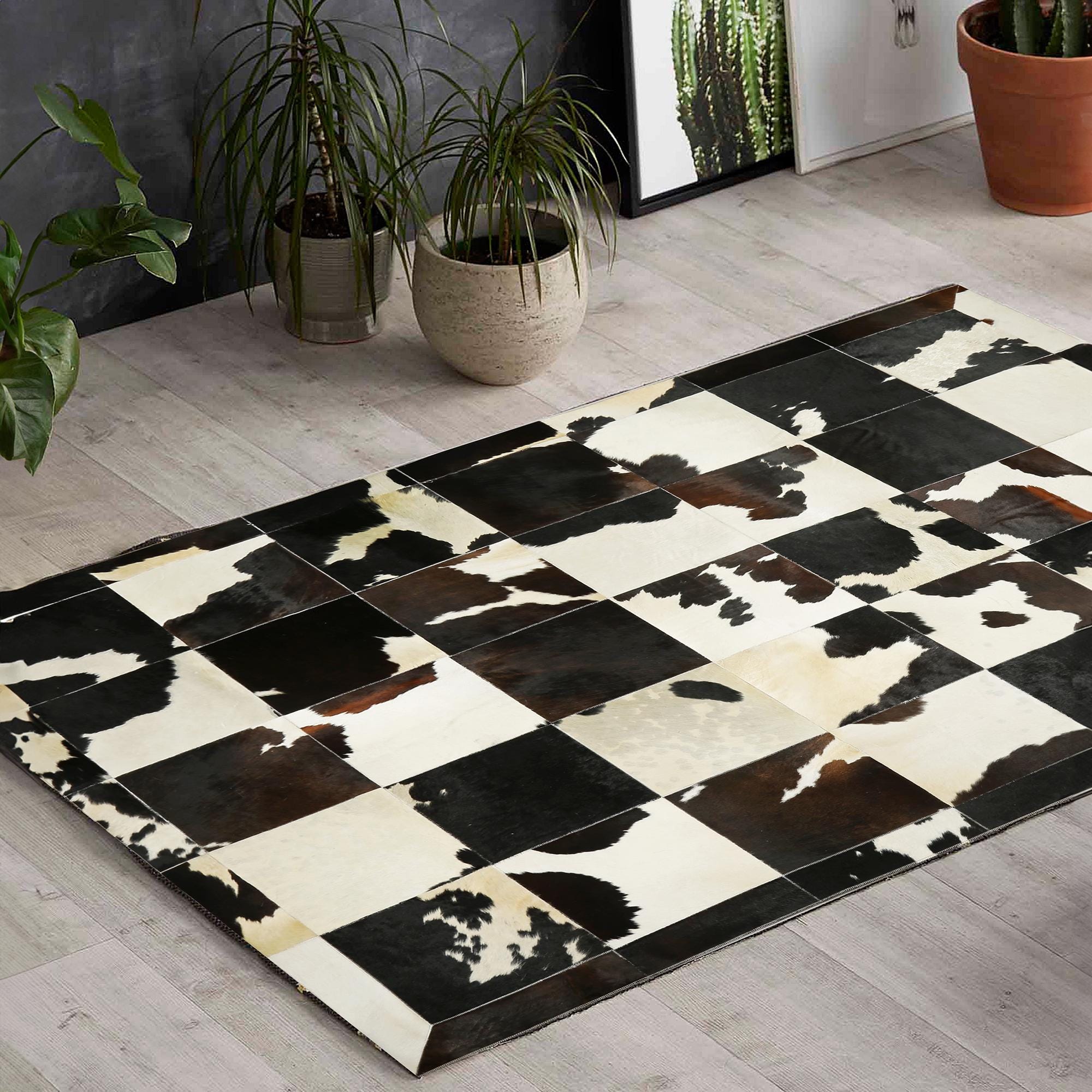 Tricolor Natural Cow Print Rug, Handmade Leather Carpet