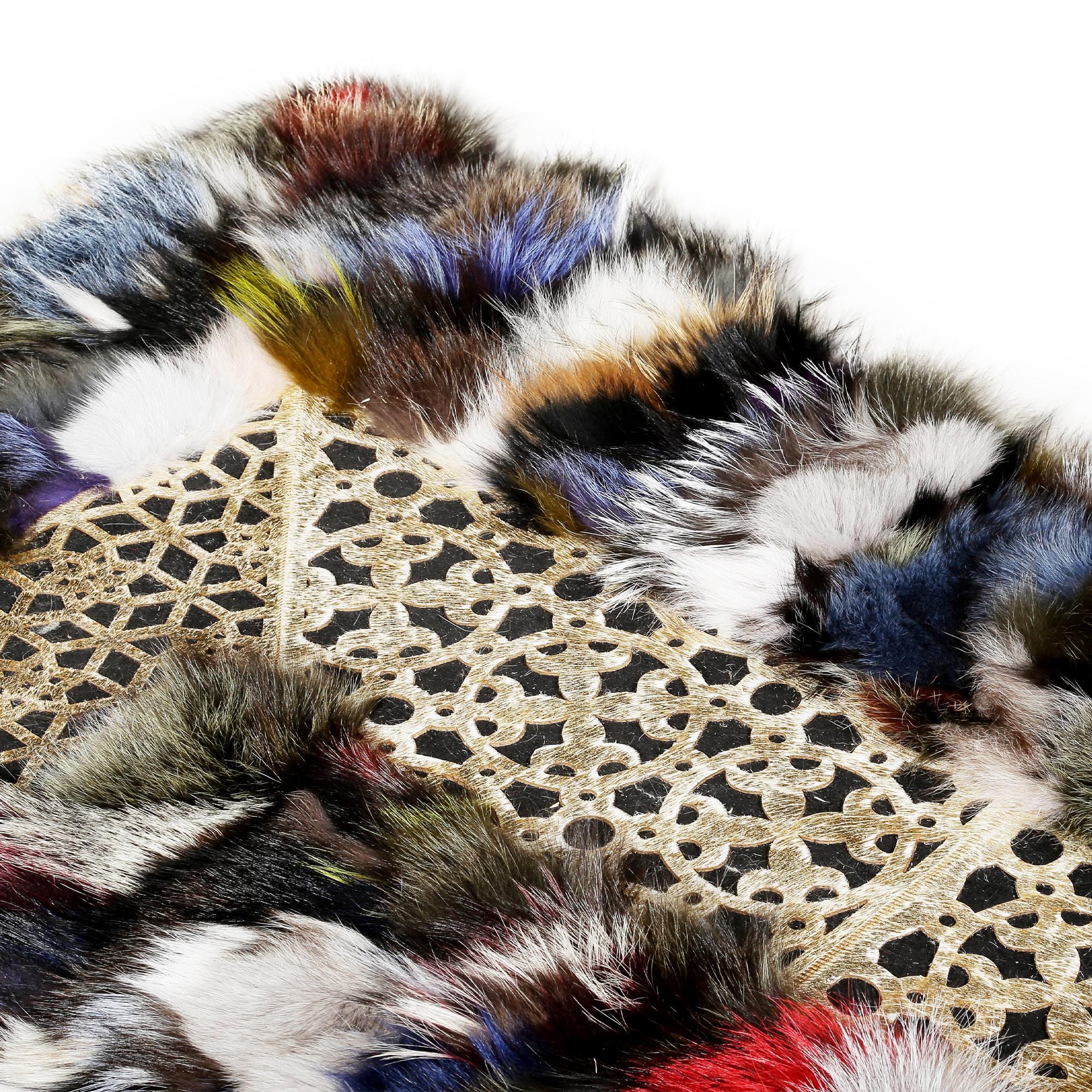 Genuine Colorful Fox Fur Rug with Lace Border
