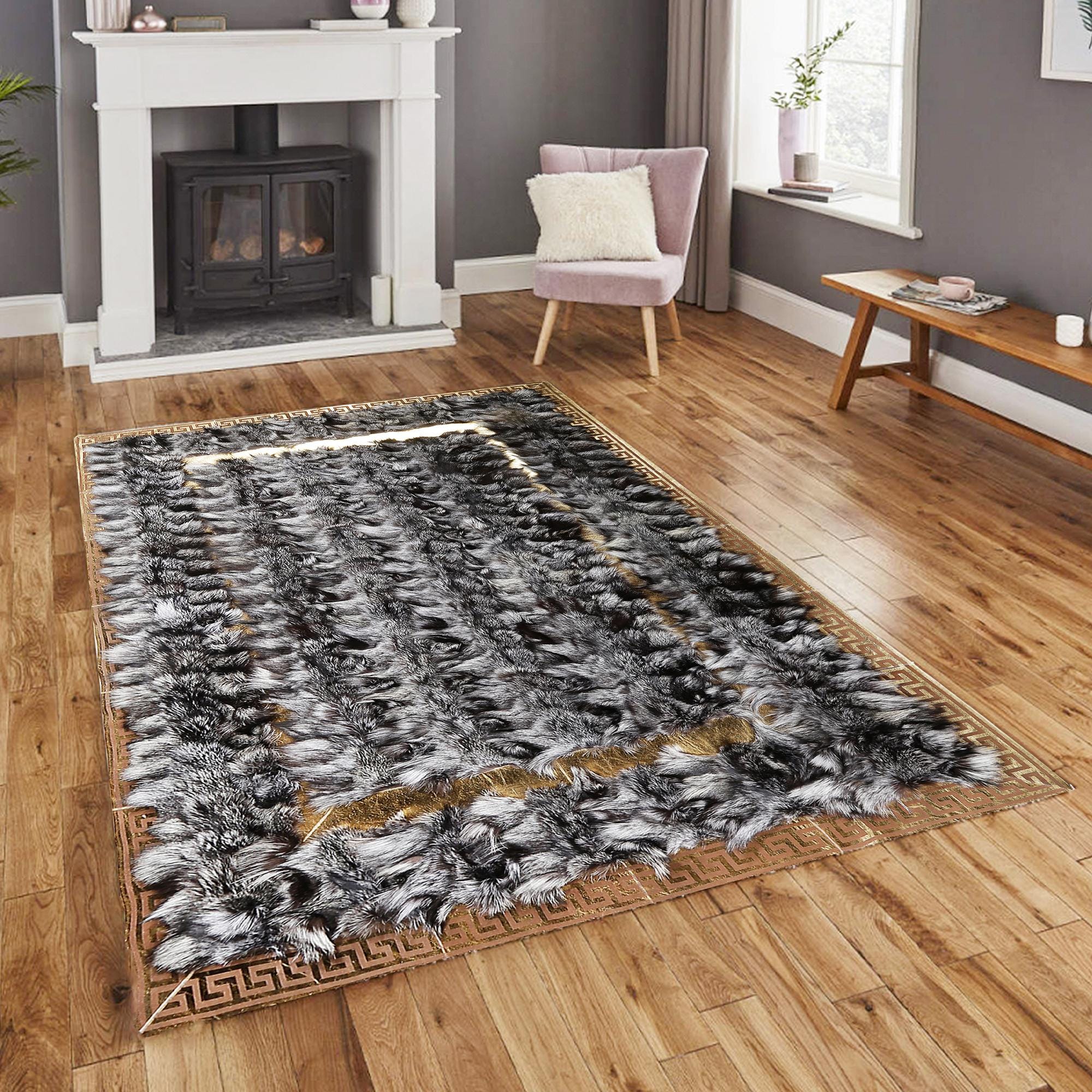 Natural Silver Fox Fur Rug – Handmade Luxury Fur Carpet with Greek Border, Unique Gray Black Decorative Rug, Custom Size Living Room Accent