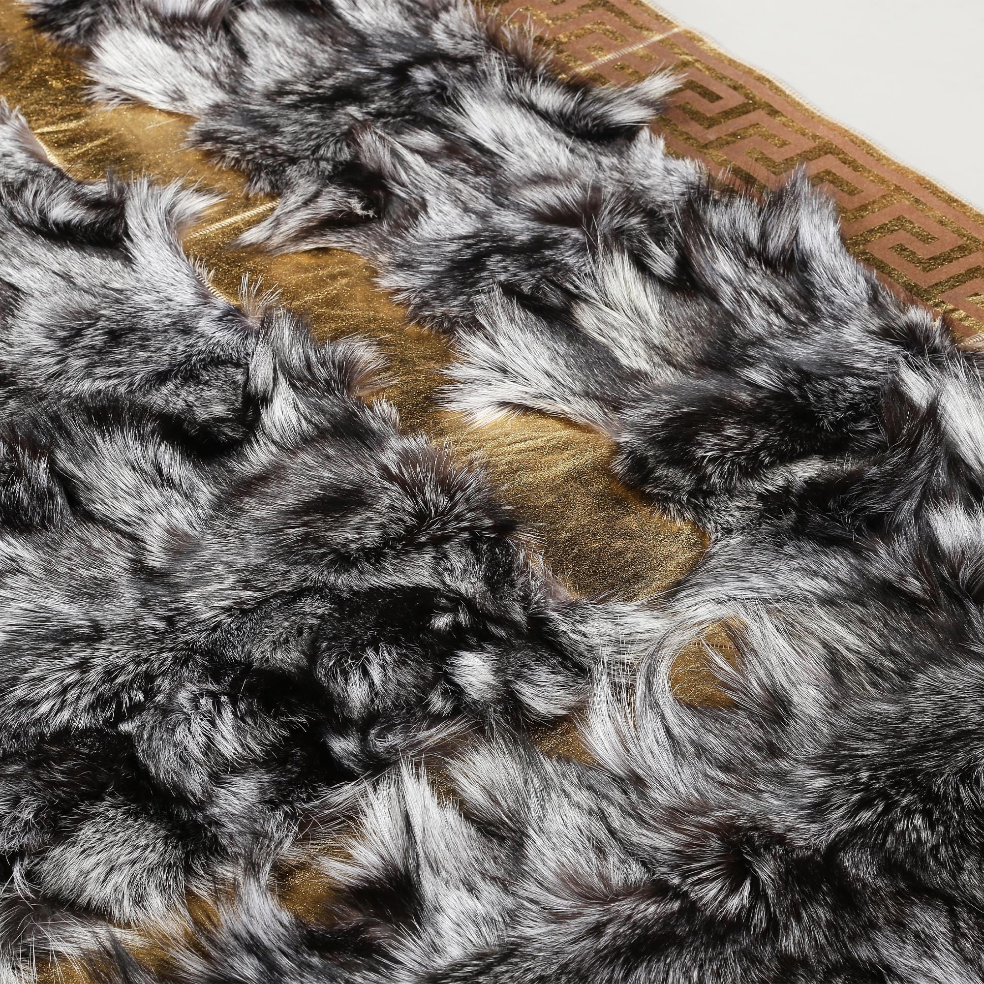 Natural Silver Fox Fur Rug – Handmade Luxury Fur Carpet with Greek Border, Unique Gray Black Decorative Rug, Custom Size Living Room Accent
