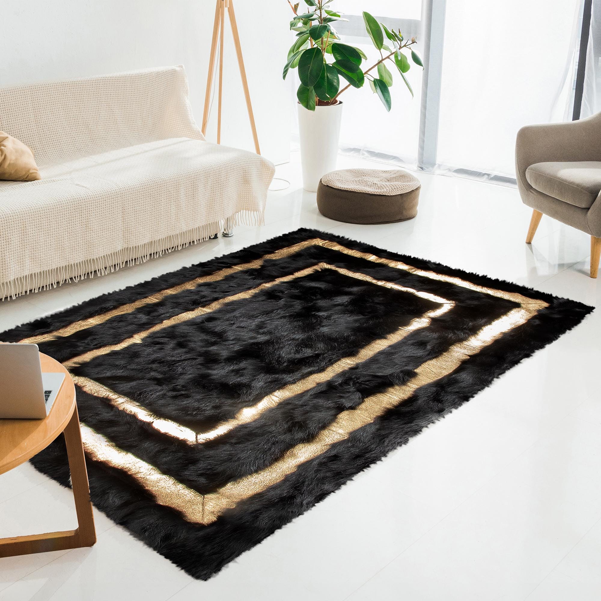 Black Tuscan Rectangular Rug with Gold Borders – Handmade Genuine Tuscan Fur Carpet, Luxury Custom Size Living Room Rug, Elegant Black Gold Decor