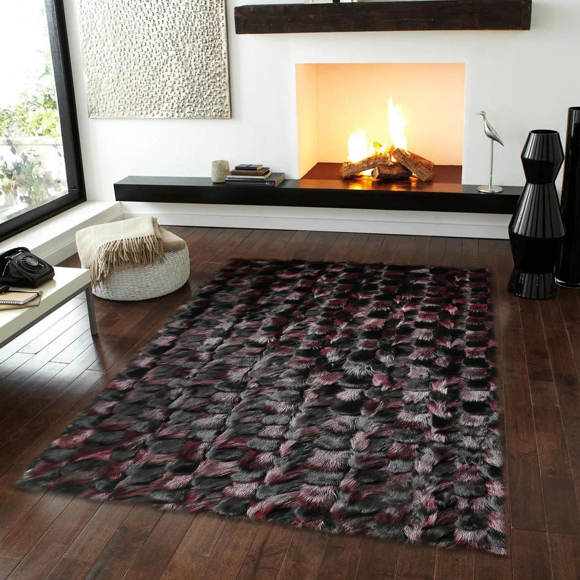 Black and Burgundy Fox Fur Rug, Handmade Natural Fur Carpet, Luxury Soft Area Rug for Living Room, Custom Size Fur Rug