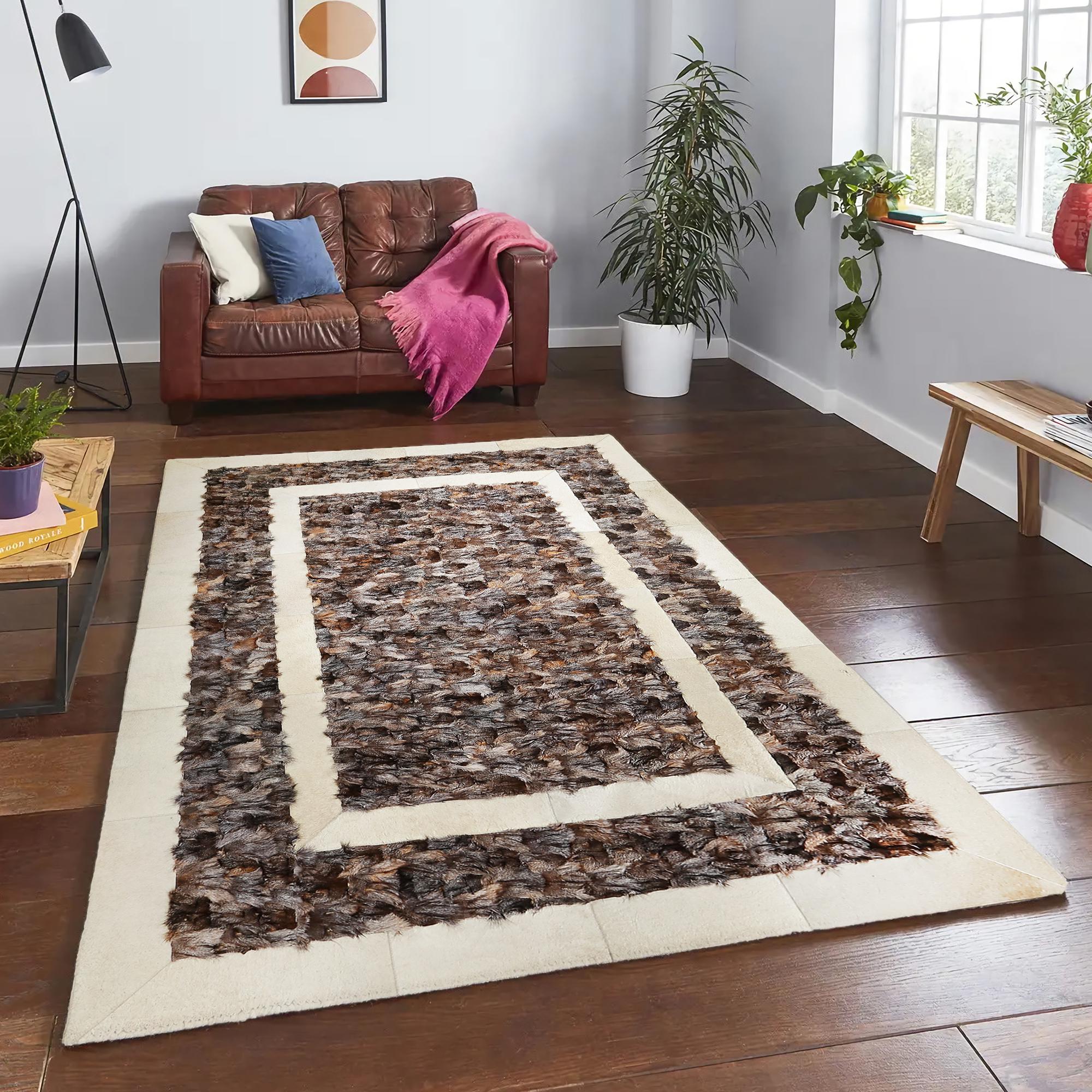 Brown and White Tuscan Rectangular Rug – Handmade Genuine Tuscan Fur Carpet, Luxury Custom Size Living Room Rug, Elegant Two Tone Decor