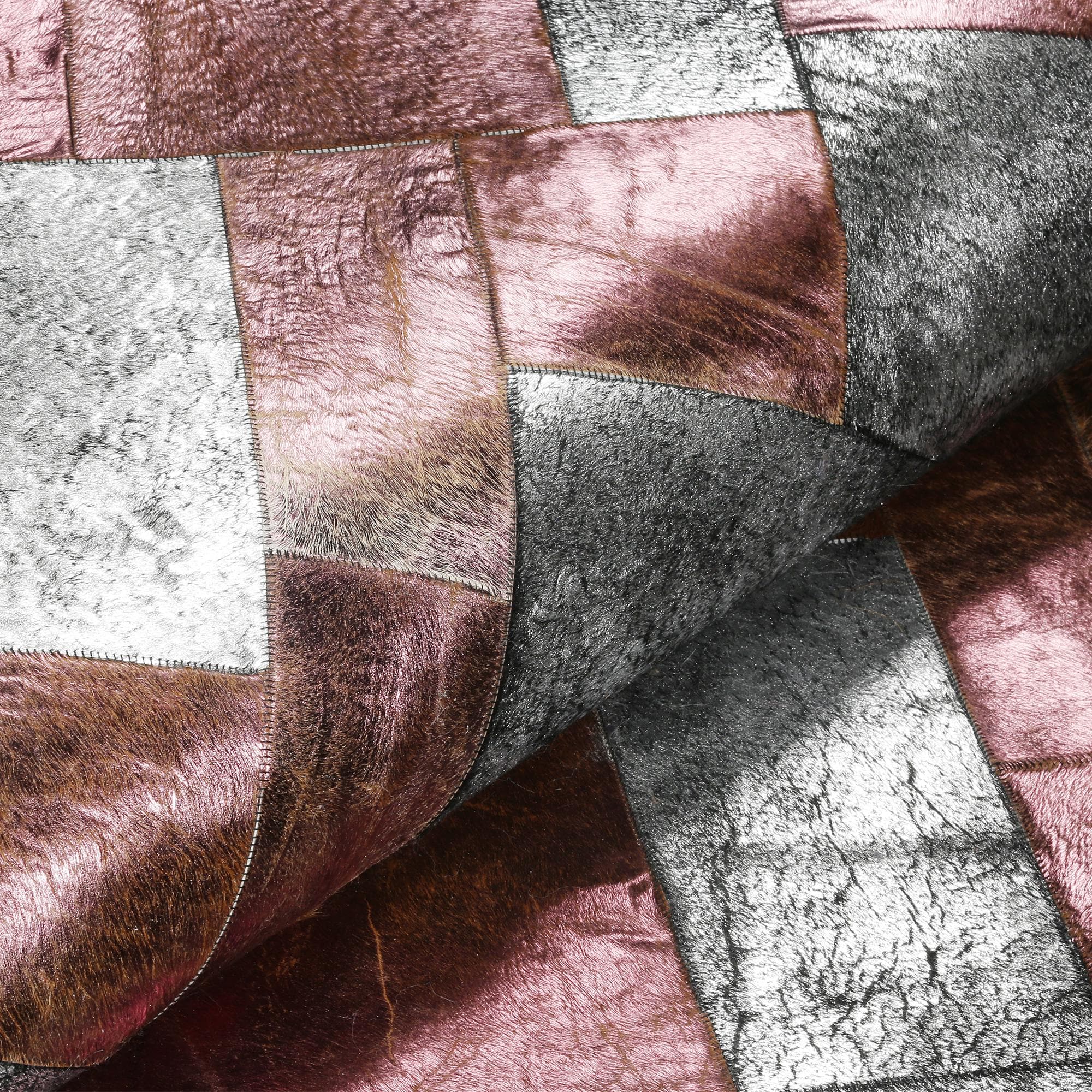 Silver & Bronze Brick Pattern Patchwork Cowhide Rug