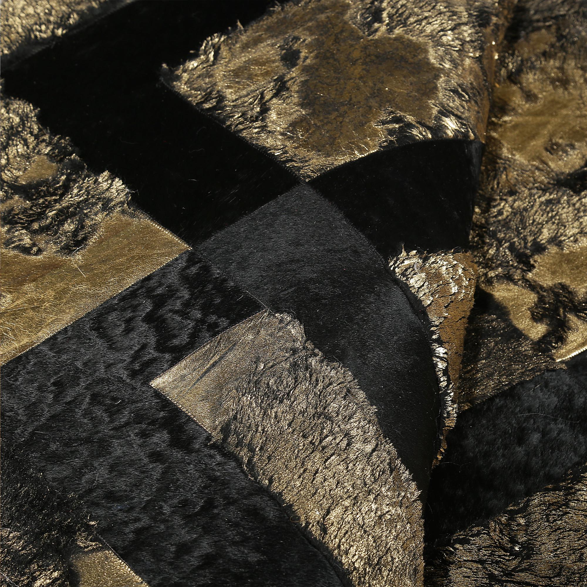 Black Lined Gold Leaf Cowhide Patchwork Rug