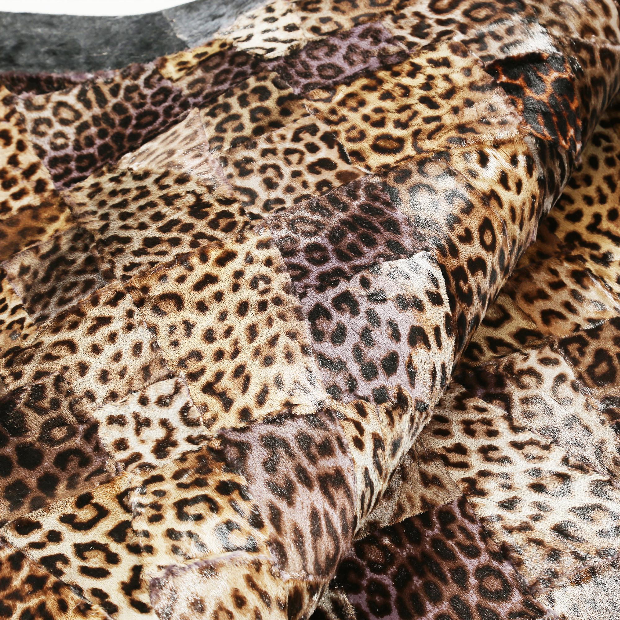 Leopard Print Patchwork Peltry Rug with Black Border 5ft x 6.5ft