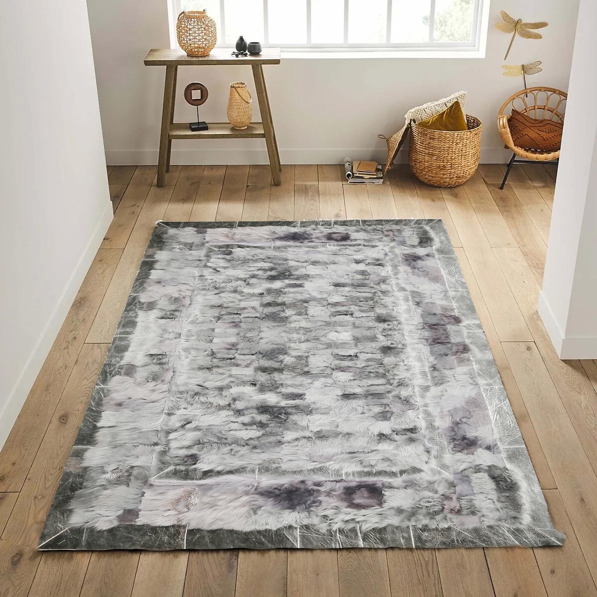 Light Gray Tuscan Rug – Handmade Genuine Tuscan Leather Carpet, Luxury Rectangular Patchwork Rug, Modern Custom Size Living Room Carpet