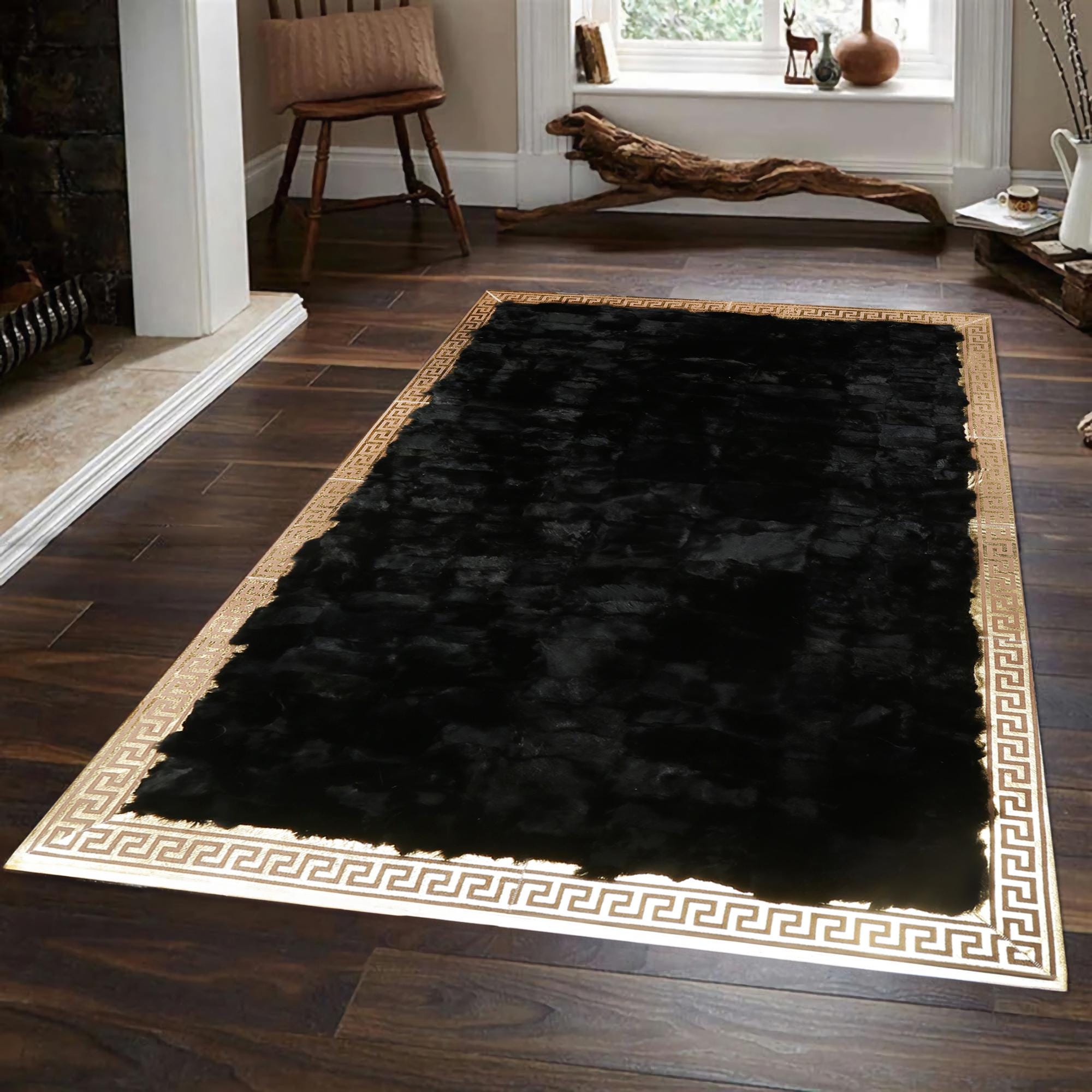 Black Rex Rabbit Fur Rug with Gold Border – Handmade Luxury Natural Fur Carpet, Custom Size