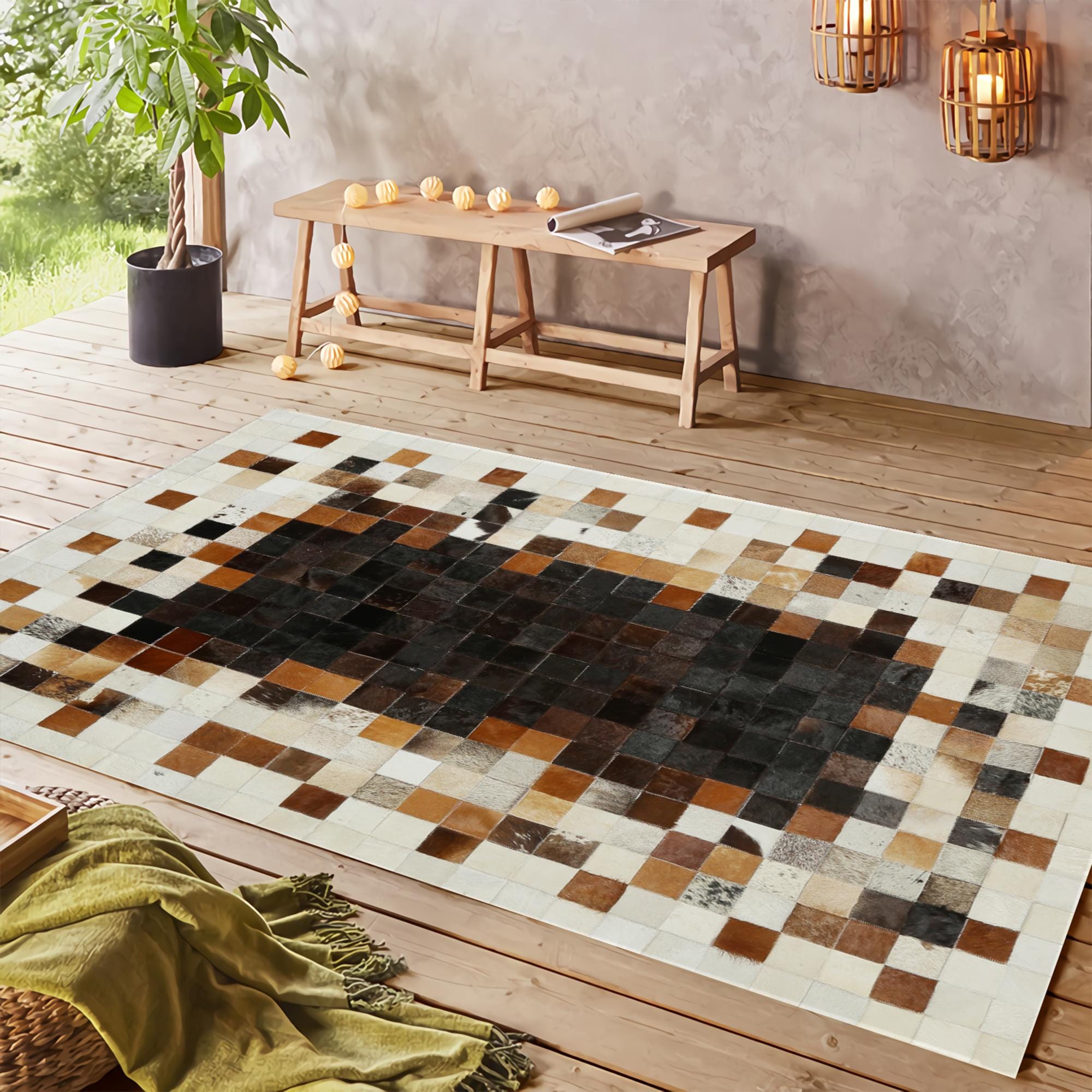 Genuine Black & Brown Cowhide Patchwork Rug