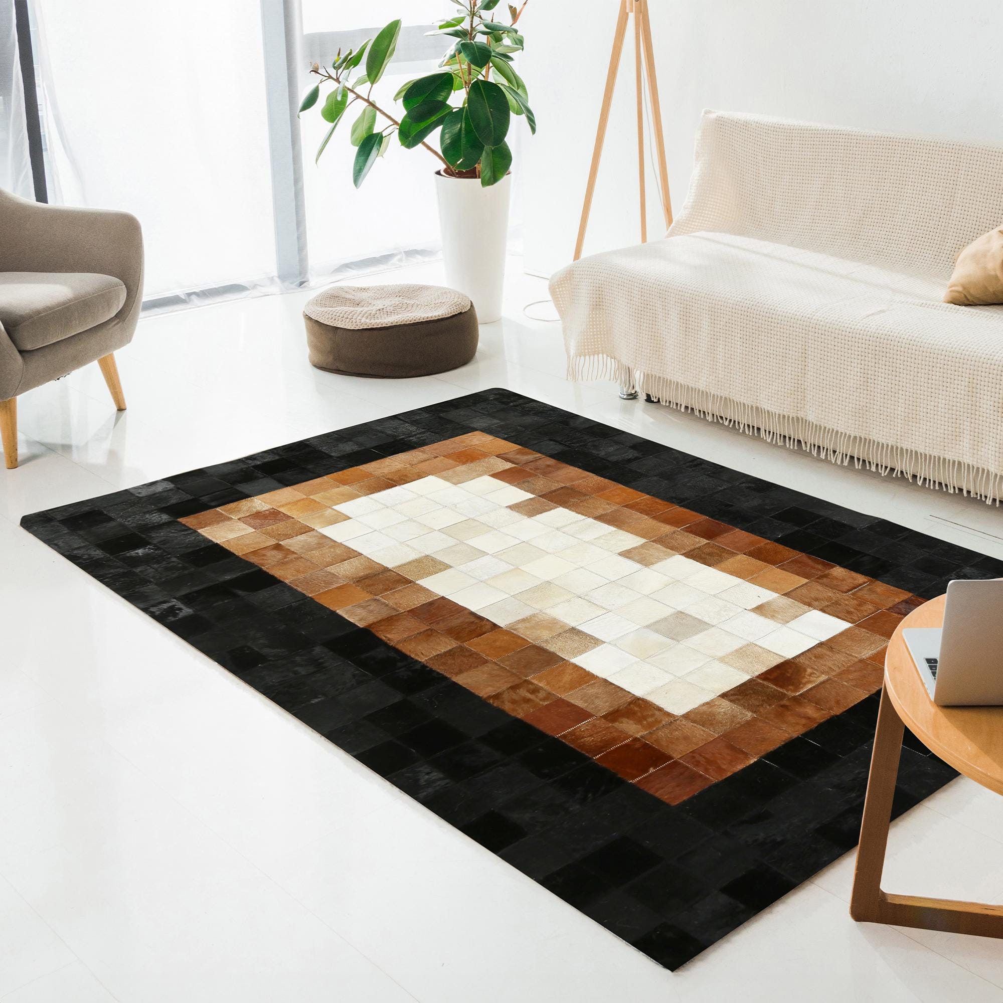 Beige Cowhide Rug with Brown & Black Border