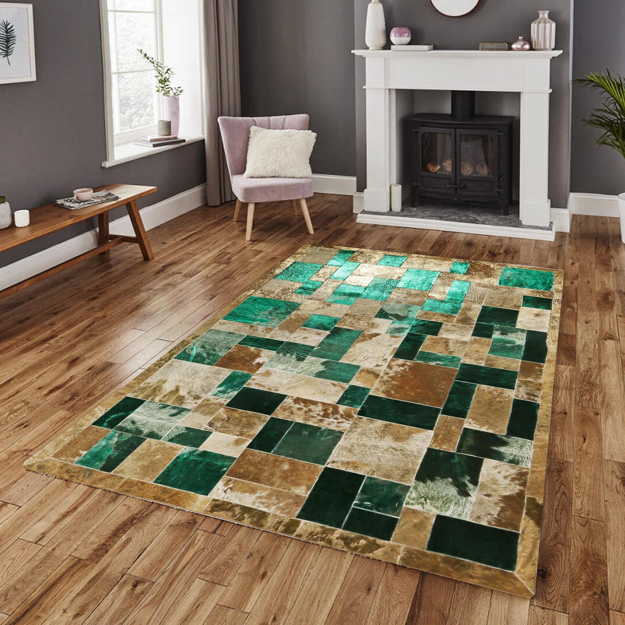 Gold & Emerald Leaf Cowhide Area Rug